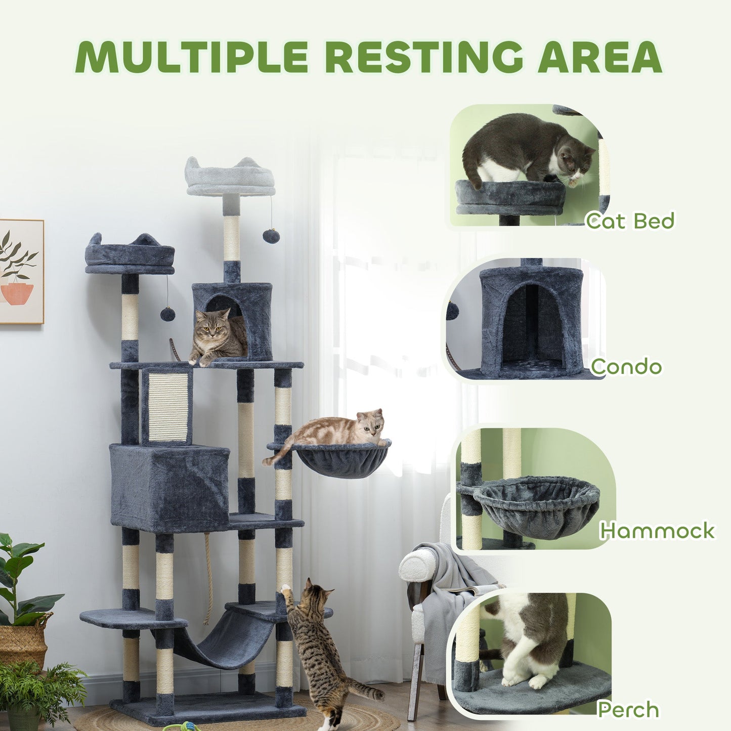Cat Tower, 81" Cat Tree for Large Cats Adult w/ Scratching Posts, Scratching Board, Cat Condos, Cat Beds, Hammocks, Jumping Platforms, Toy Balls, Rope Cat Toy, Dark Grey