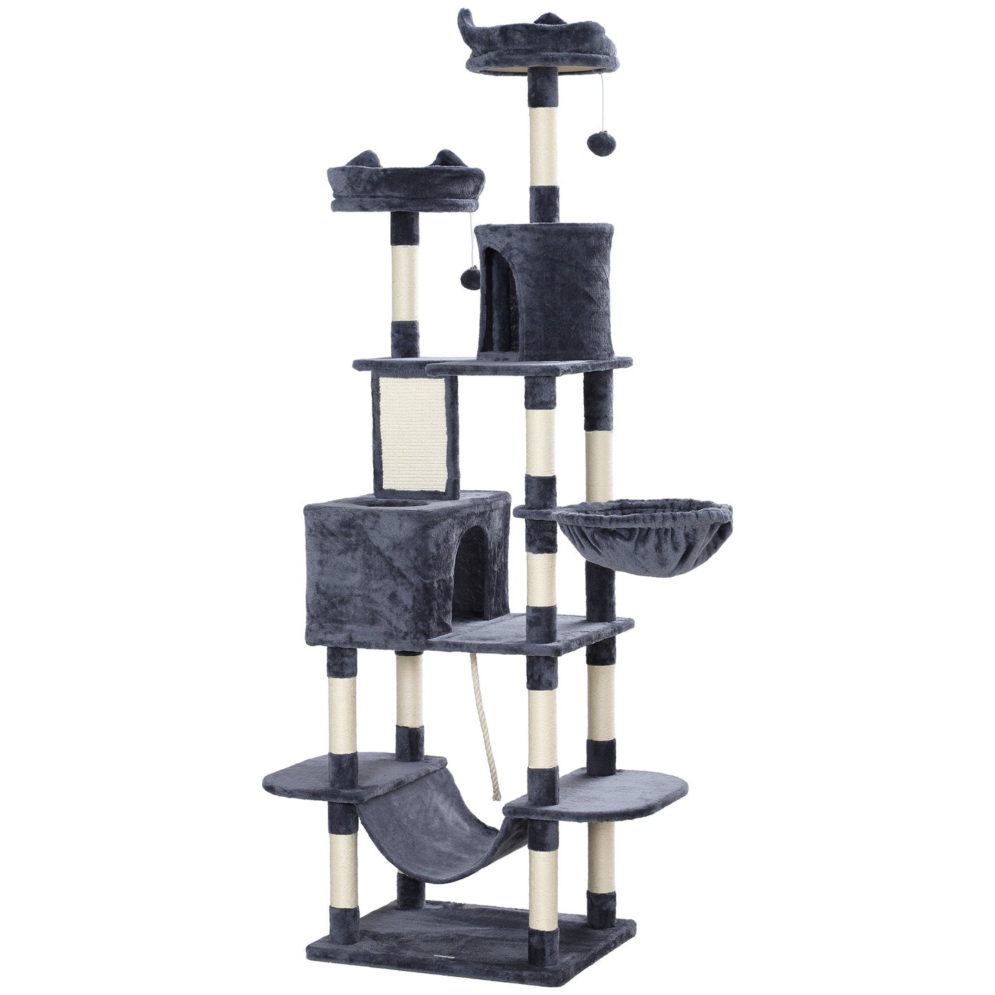 Cat Tower, 81" Cat Tree for Large Cats Adult w/ Scratching Posts, Scratching Board, Cat Condos, Cat Beds, Hammocks, Jumping Platforms, Toy Balls, Rope Cat Toy, Dark Grey