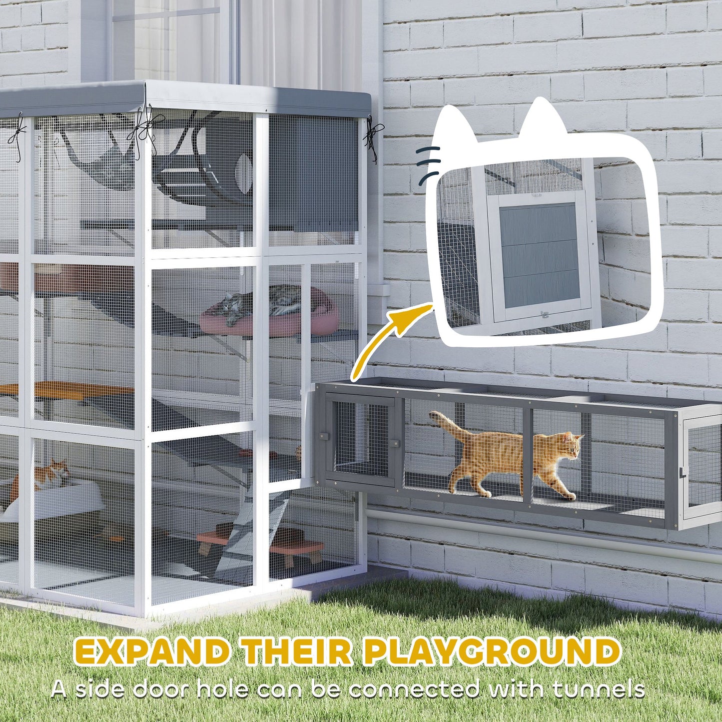 Catio Outdoor Cat Enclosure, 71" Large Wooden Cat House w/ Weatherproof Tarp, Walk-in Kitty Cage with Hammock, Condo, Platforms, Ladders, Ramps, for 2-4 Kittens, Grey