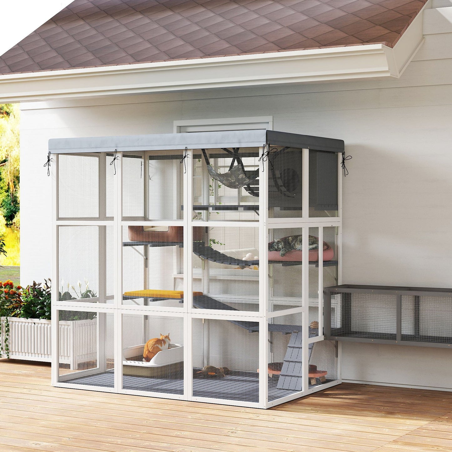 Catio Outdoor Cat Enclosure, 71" Large Wooden Cat House w/ Weatherproof Tarp, Walk-in Kitty Cage with Hammock, Condo, Platforms, Ladders, Ramps, for 2-4 Kittens, Grey