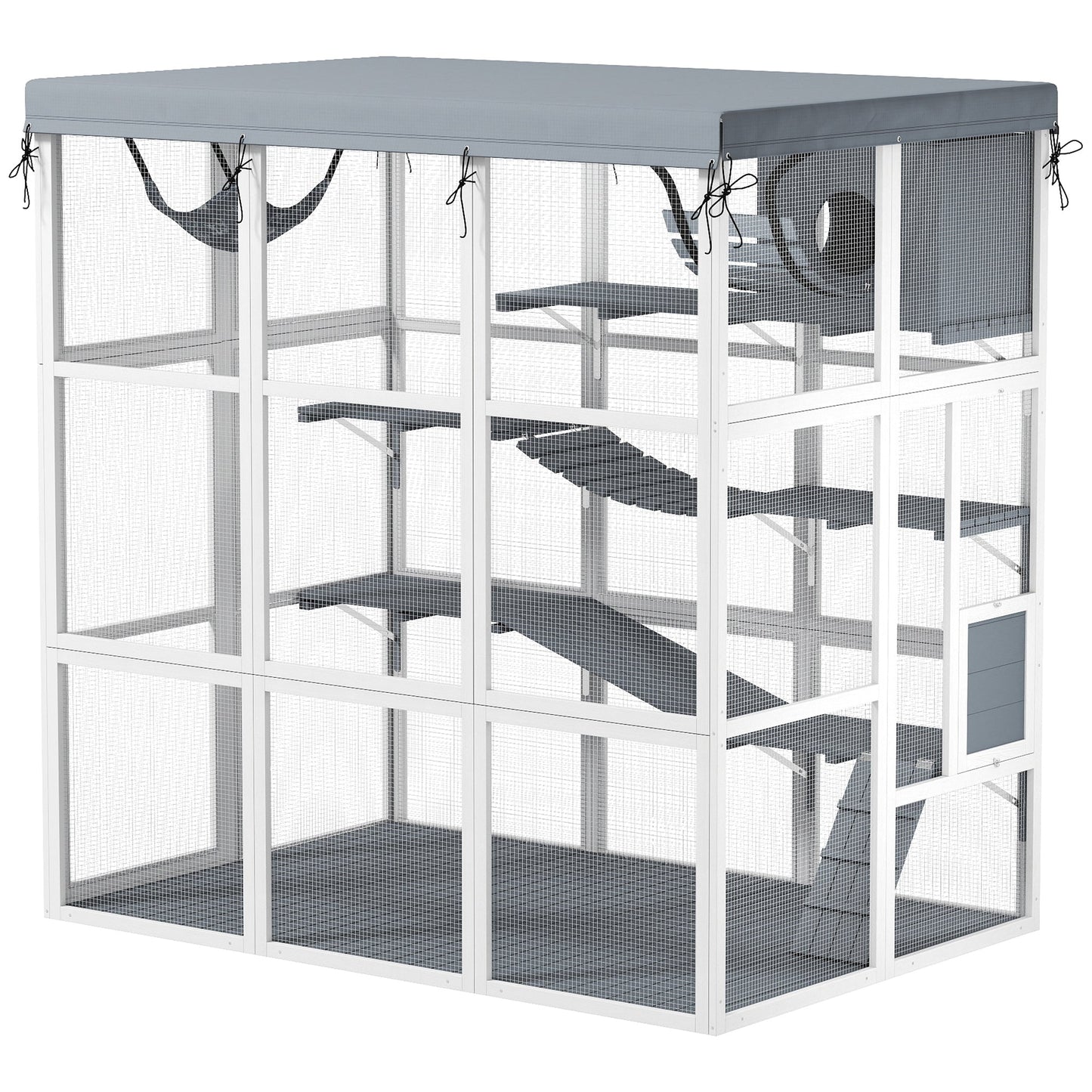 Catio Outdoor Cat Enclosure, 71" Large Wooden Cat House w/ Weatherproof Tarp, Walk-in Kitty Cage with Hammock, Condo, Platforms, Ladders, Ramps, for 2-4 Kittens, Grey