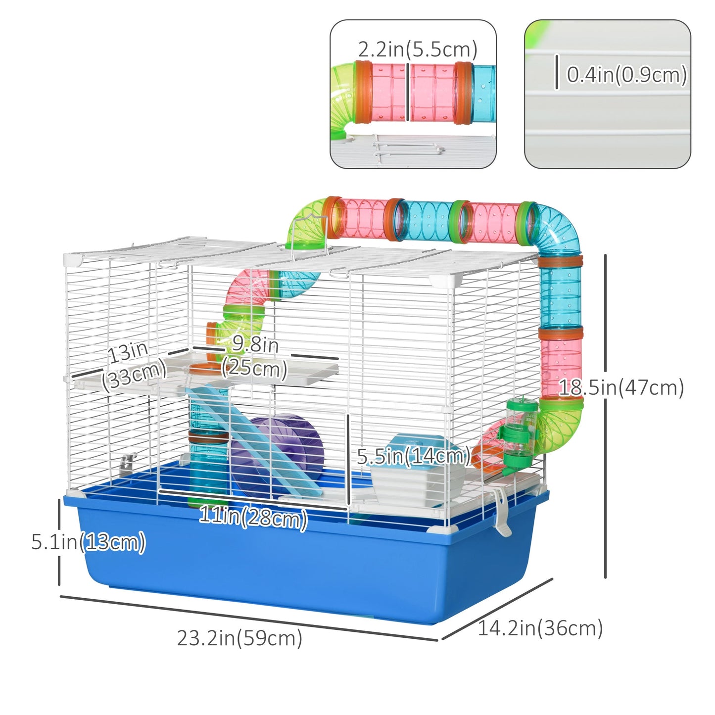 Hamster Cage, Small Animal House, 3-Level Guinea Pig Cage Gerbil Haven, Tunnel Tube System, with Water Bottle, Exercise Wheel, Food Dish, Ramps, Blue