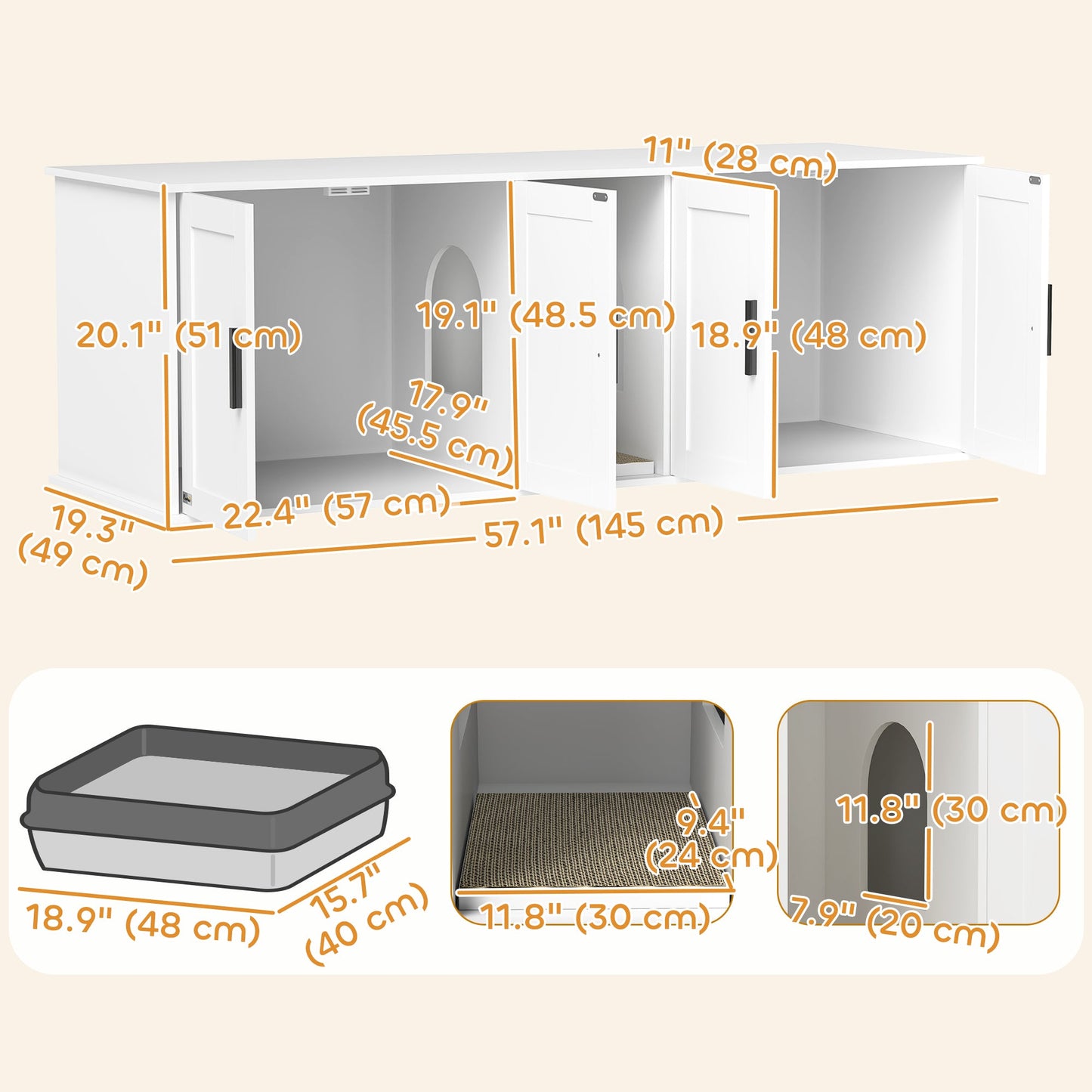 Cat Litter Box Enclosure for 2 Cats, 145 cm Hidden Litter Box Furniture with Double Room, Scratching Board, Indoor Cat House Washroom End Table, White