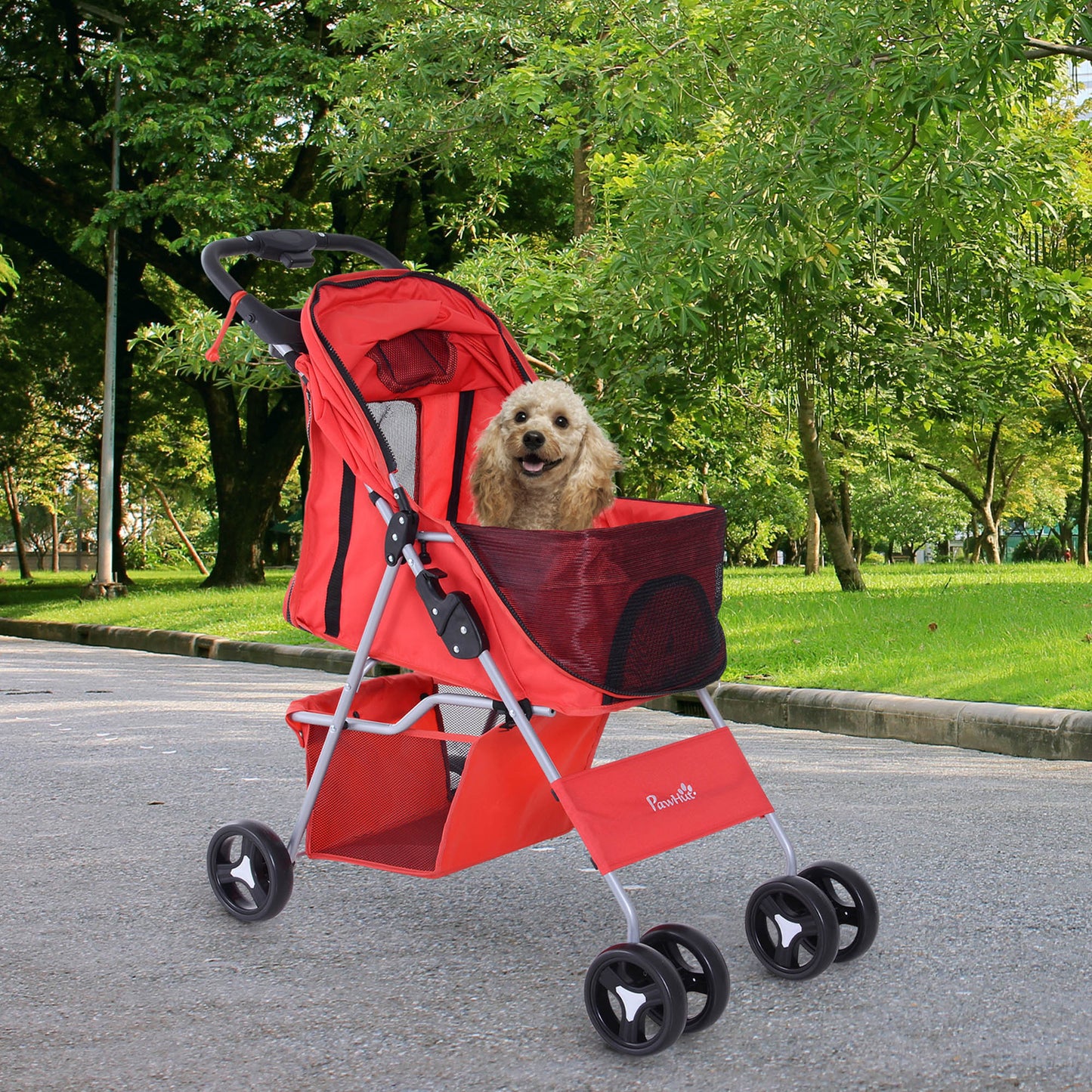 Dog Stroller, One-click Folding Pet Stroller with Cup Holder, 4 Wheels Travel Carrier w/ Brakes, 360° Swiveling Front Wheels, Storage Basket, for XS/Small Dogs Cats, Red