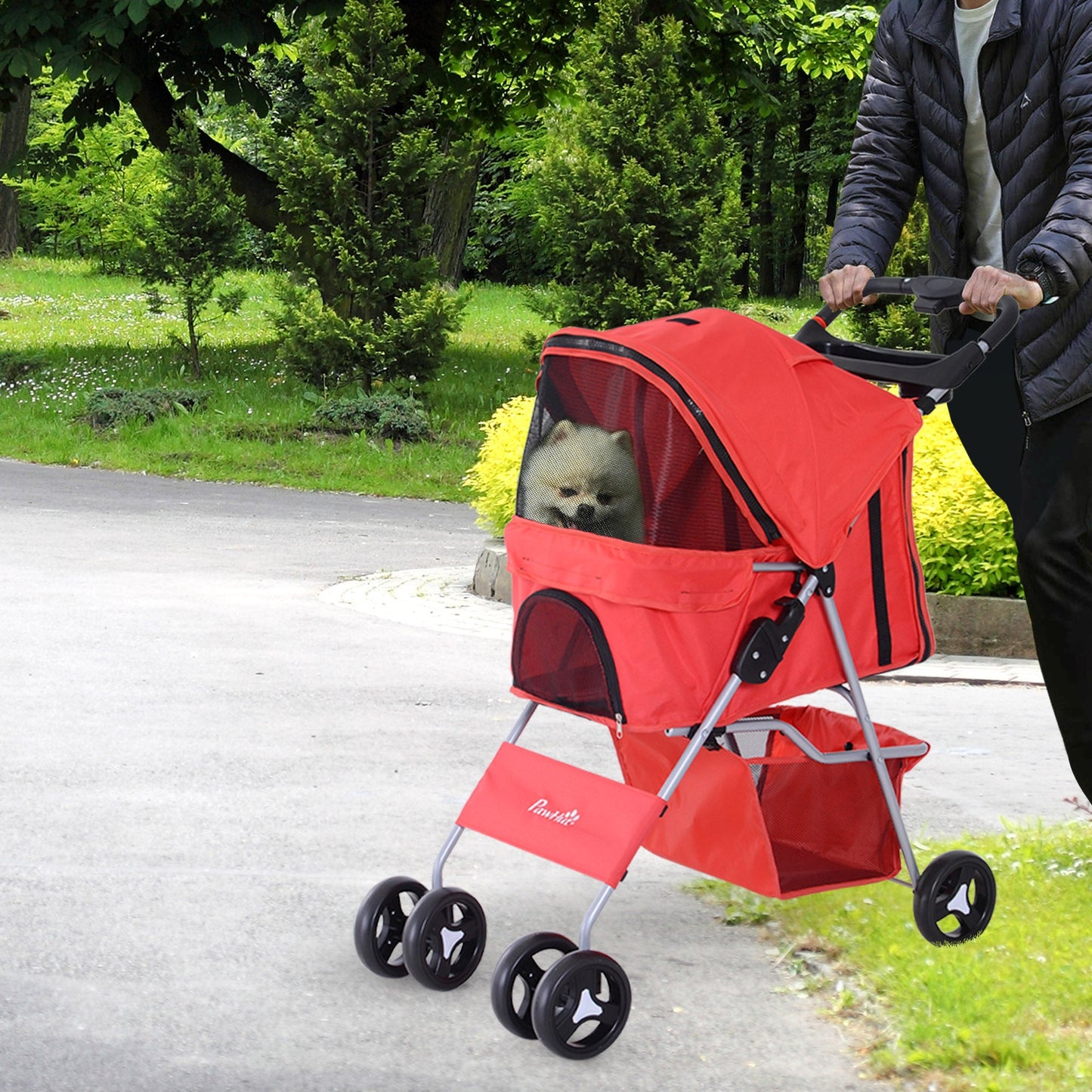 Dog Stroller, One-click Folding Pet Stroller with Cup Holder, 4 Wheels Travel Carrier w/ Brakes, 360° Swiveling Front Wheels, Storage Basket, for XS/Small Dogs Cats, Red