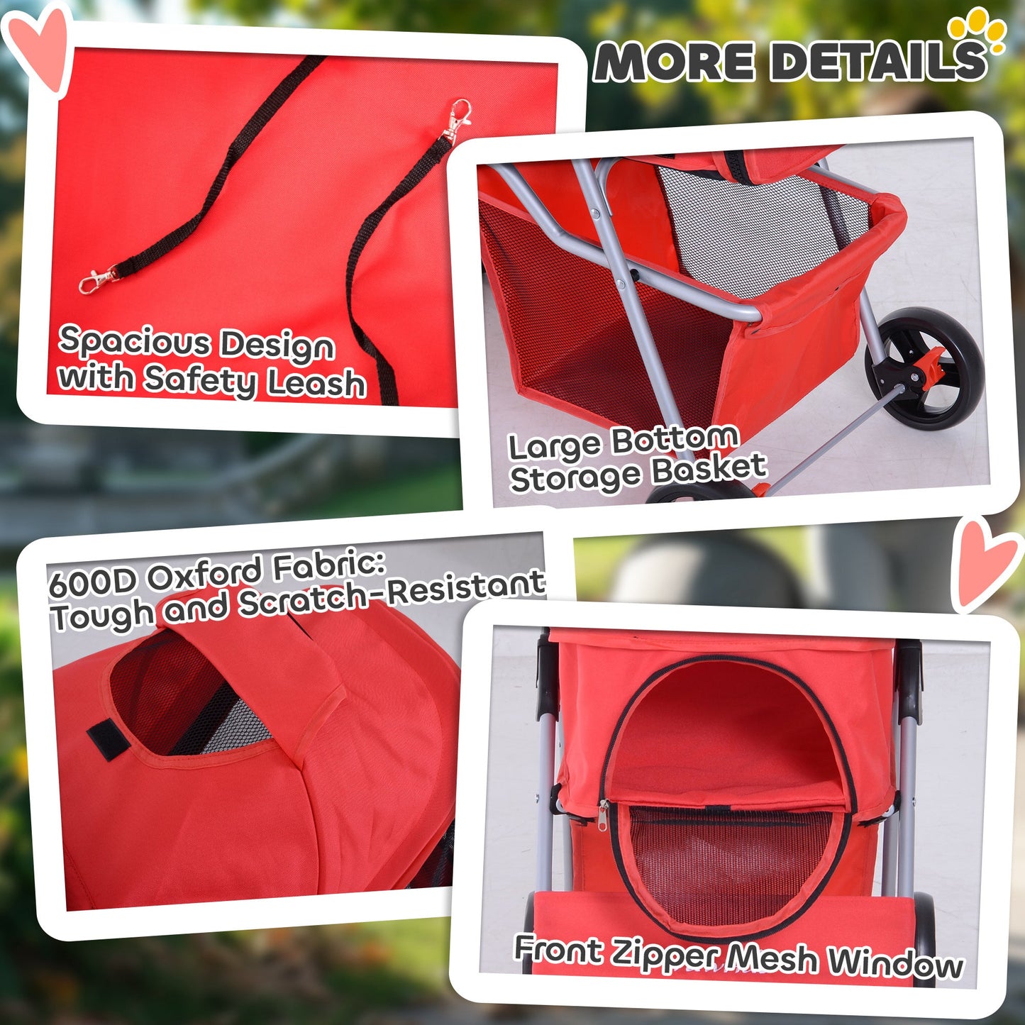 Dog Stroller, One-click Folding Pet Stroller with Cup Holder, 4 Wheels Travel Carrier w/ Brakes, 360° Swiveling Front Wheels, Storage Basket, for XS/Small Dogs Cats, Red