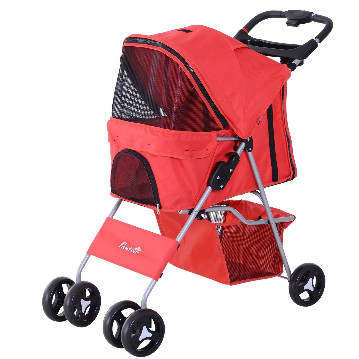 Dog Stroller, One-click Folding Pet Stroller with Cup Holder, 4 Wheels Travel Carrier w/ Brakes, 360° Swiveling Front Wheels, Storage Basket, for XS/Small Dogs Cats, Red