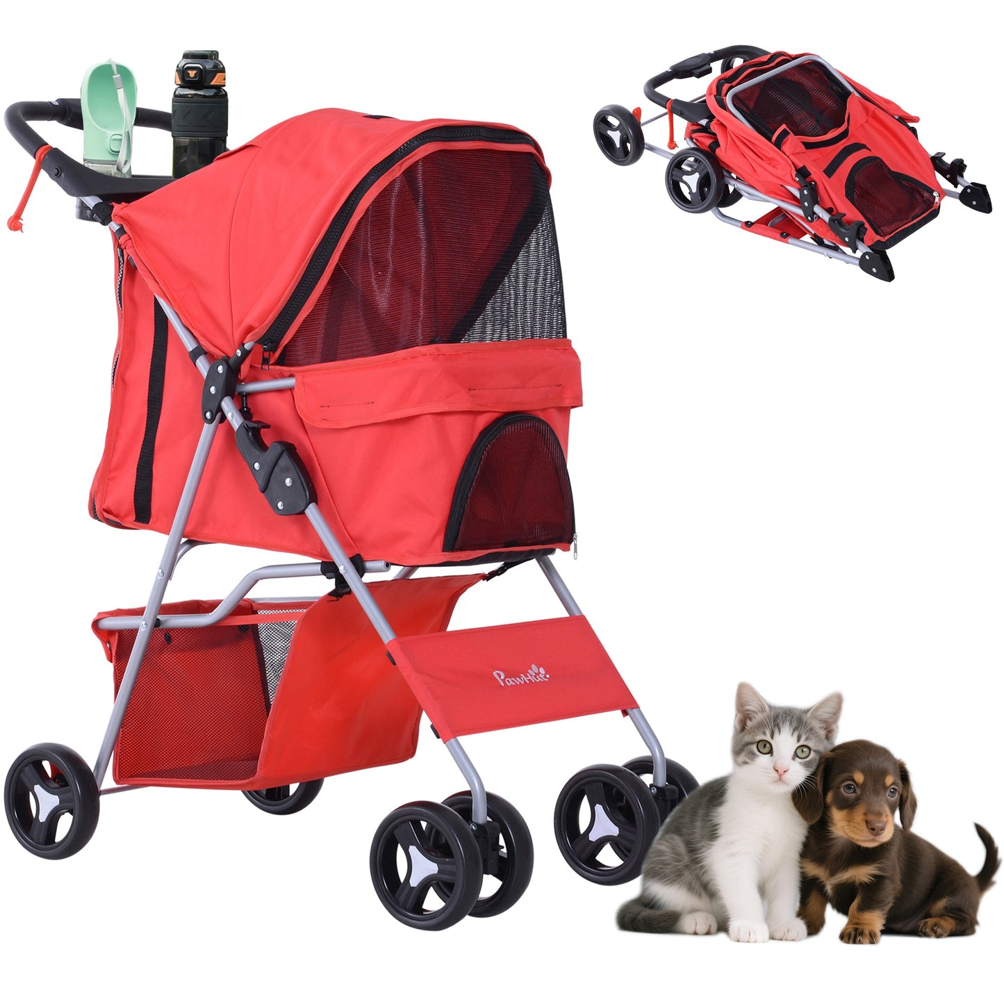 Dog Stroller, One-click Folding Pet Stroller with Cup Holder, 4 Wheels Travel Carrier w/ Brakes, 360° Swiveling Front Wheels, Storage Basket, for XS/Small Dogs Cats, Red