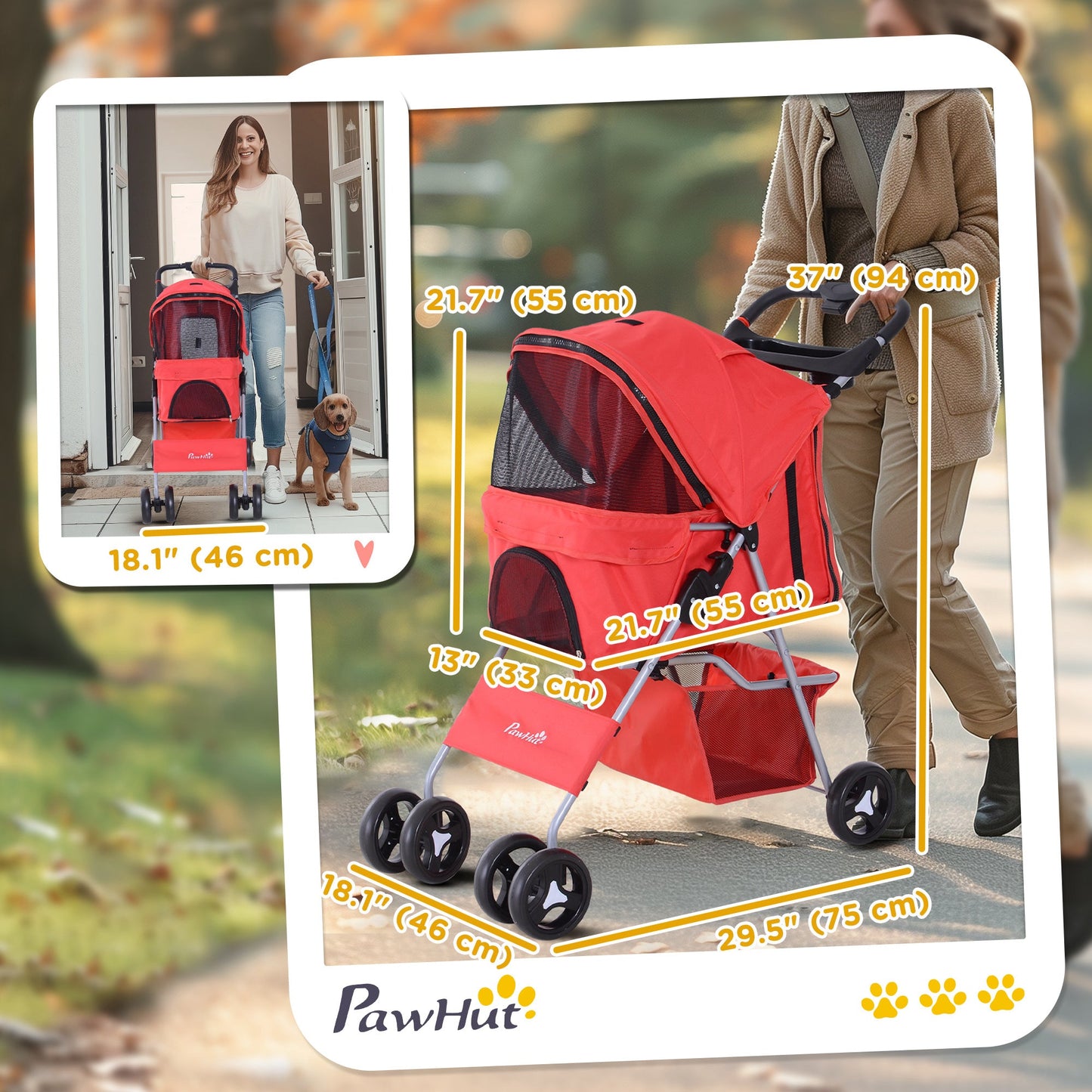 Dog Stroller, One-click Folding Pet Stroller with Cup Holder, 4 Wheels Travel Carrier w/ Brakes, 360° Swiveling Front Wheels, Storage Basket, for XS/Small Dogs Cats, Red