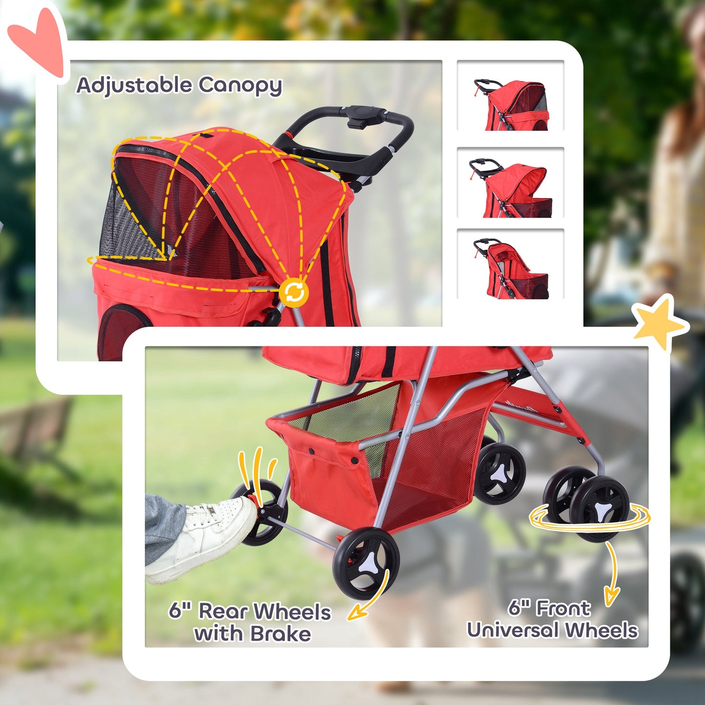 Dog Stroller, One-click Folding Pet Stroller with Cup Holder, 4 Wheels Travel Carrier w/ Brakes, 360° Swiveling Front Wheels, Storage Basket, for XS/Small Dogs Cats, Red