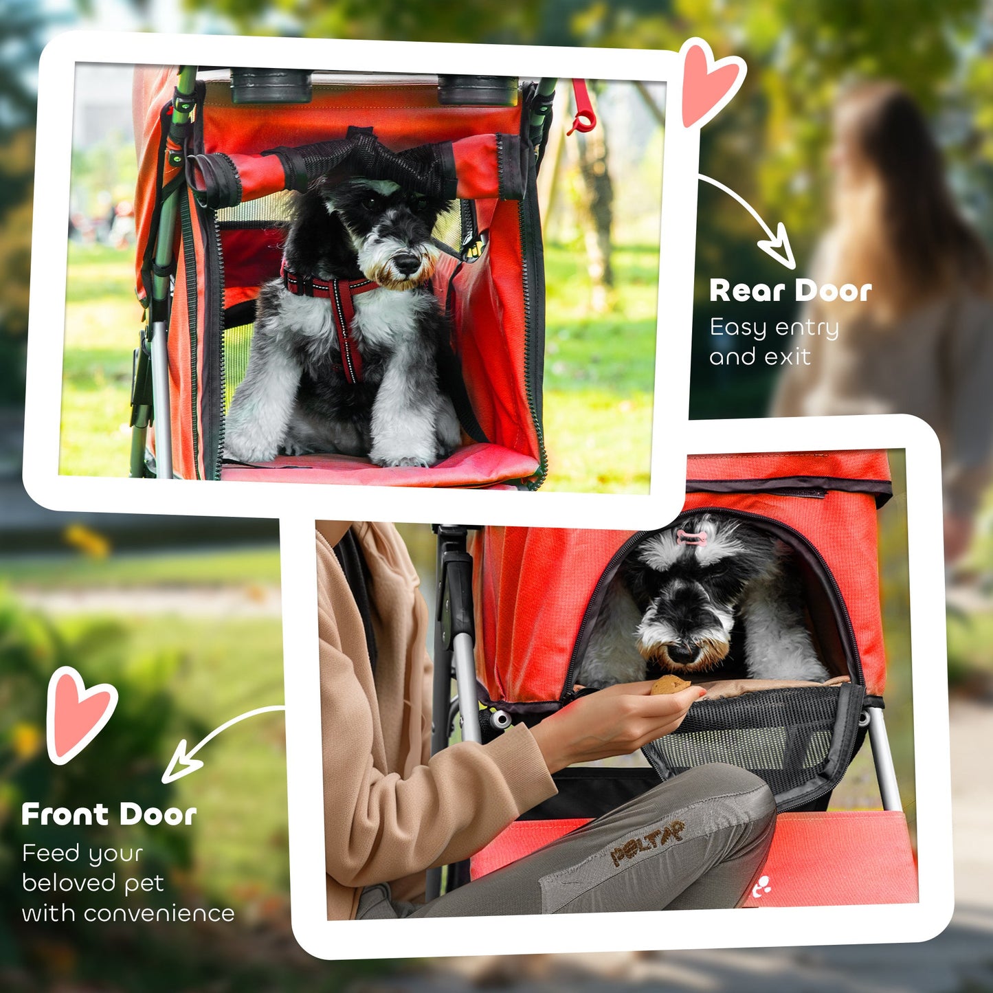 Dog Stroller, One-click Folding Pet Stroller with Cup Holder, 4 Wheels Travel Carrier w/ Brakes, 360° Swiveling Front Wheels, Storage Basket, for XS/Small Dogs Cats, Red