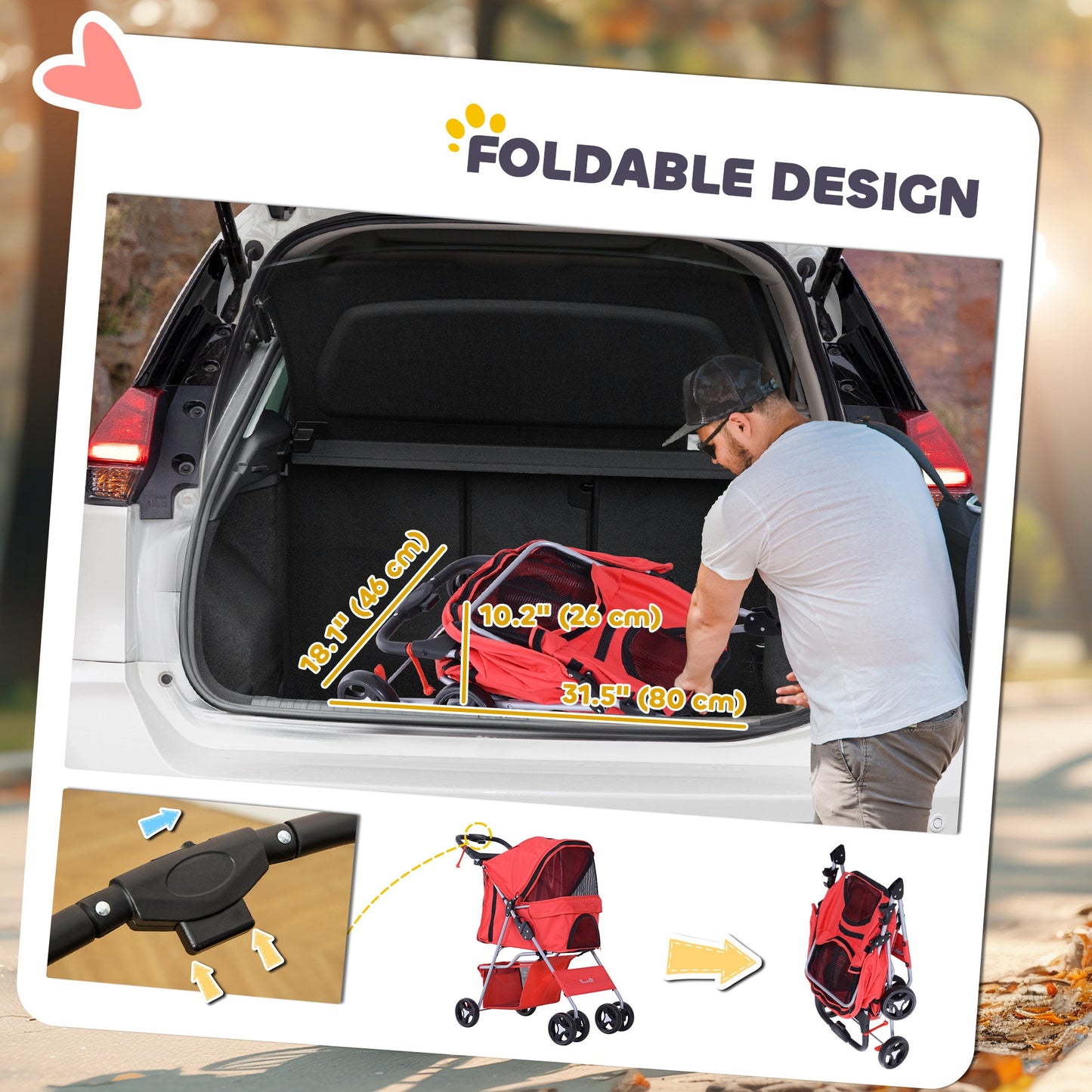 Dog Stroller, One-click Folding Pet Stroller with Cup Holder, 4 Wheels Travel Carrier w/ Brakes, 360° Swiveling Front Wheels, Storage Basket, for XS/Small Dogs Cats, Red