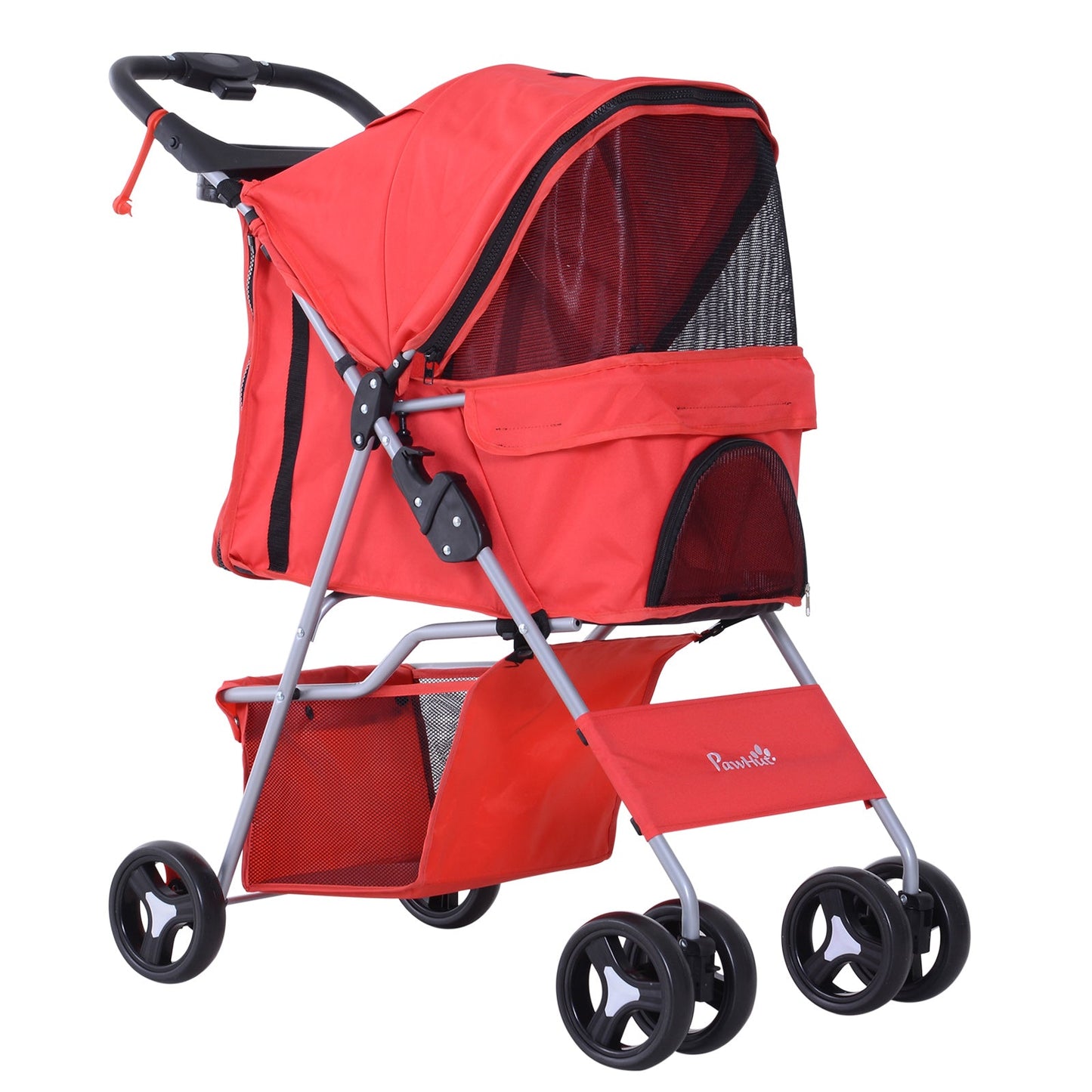 Dog Stroller, One-click Folding Pet Stroller with Cup Holder, 4 Wheels Travel Carrier w/ Brakes, 360° Swiveling Front Wheels, Storage Basket, for XS/Small Dogs Cats, Red