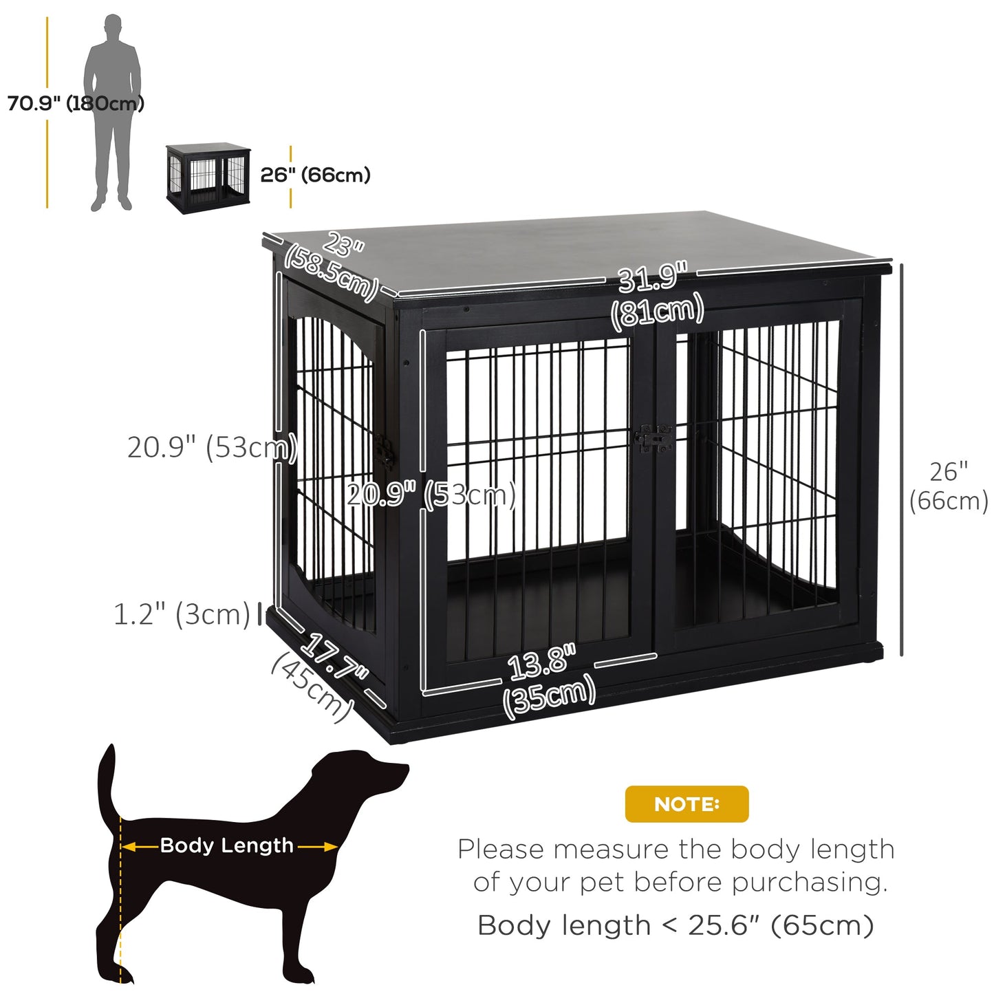32" Wooden Dog Crate Furniture Dog Cage, Modern Side Table Pet Kennel with Double Lockable Door, 32" L x 23" W x 26" H, Black