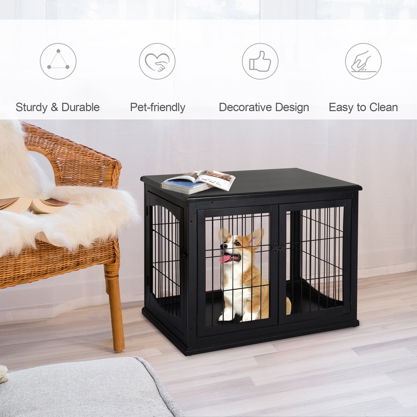 32" Wooden Dog Crate Furniture Dog Cage, Modern Side Table Pet Kennel with Double Lockable Door, 32" L x 23" W x 26" H, Black
