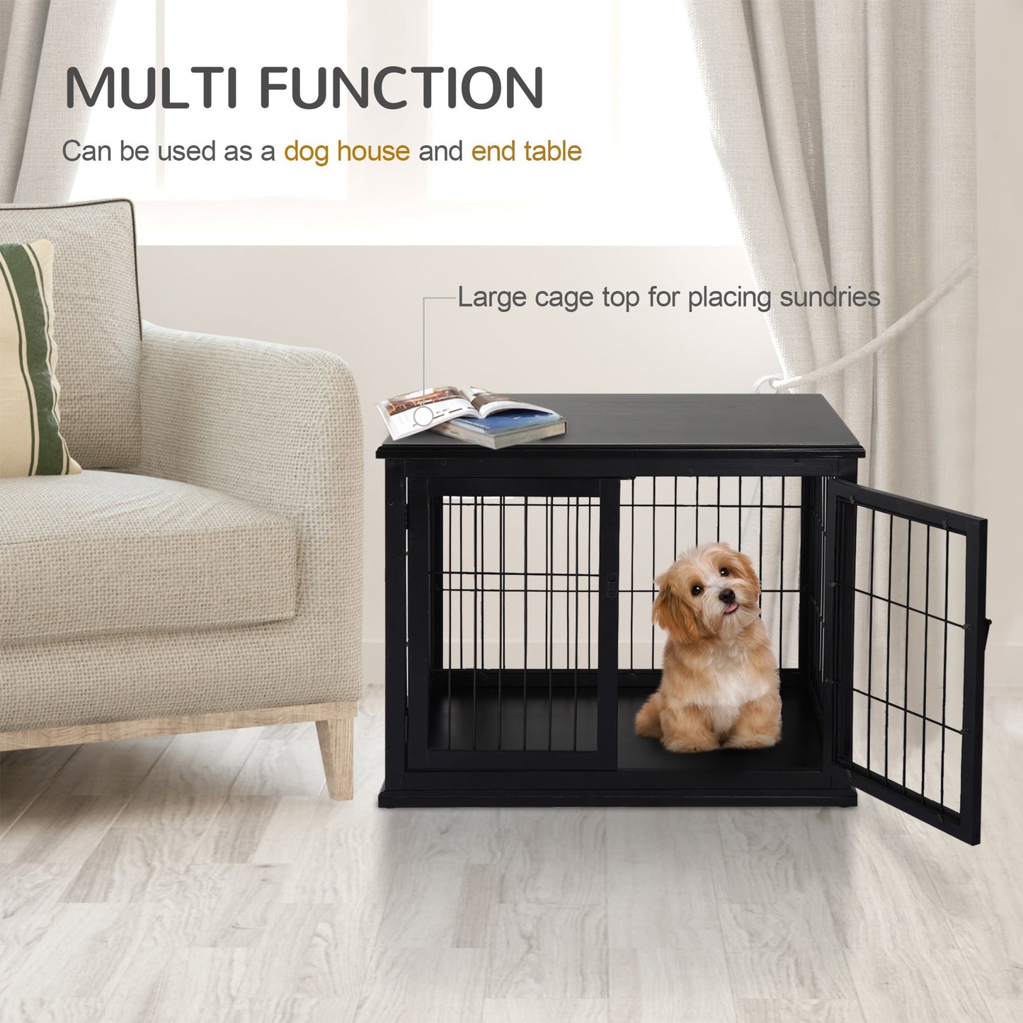 32" Wooden Dog Crate Furniture Dog Cage, Modern Side Table Pet Kennel with Double Lockable Door, 32" L x 23" W x 26" H, Black