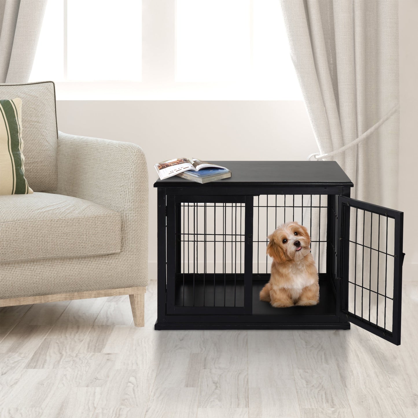 32" Wooden Dog Crate Furniture Dog Cage, Modern Side Table Pet Kennel with Double Lockable Door, 32" L x 23" W x 26" H, Black