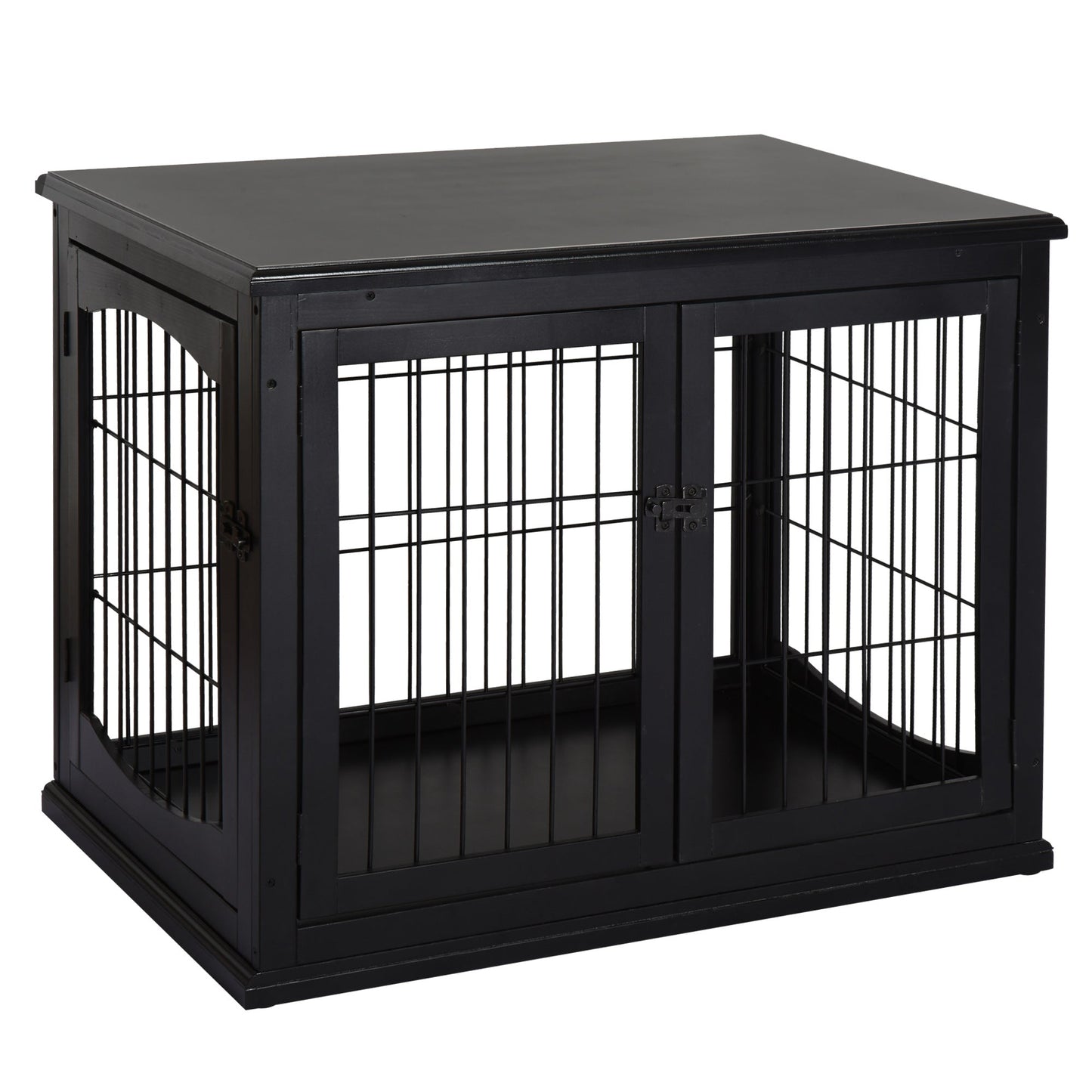 32" Wooden Dog Crate Furniture Dog Cage, Modern Side Table Pet Kennel with Double Lockable Door, 32" L x 23" W x 26" H, Black
