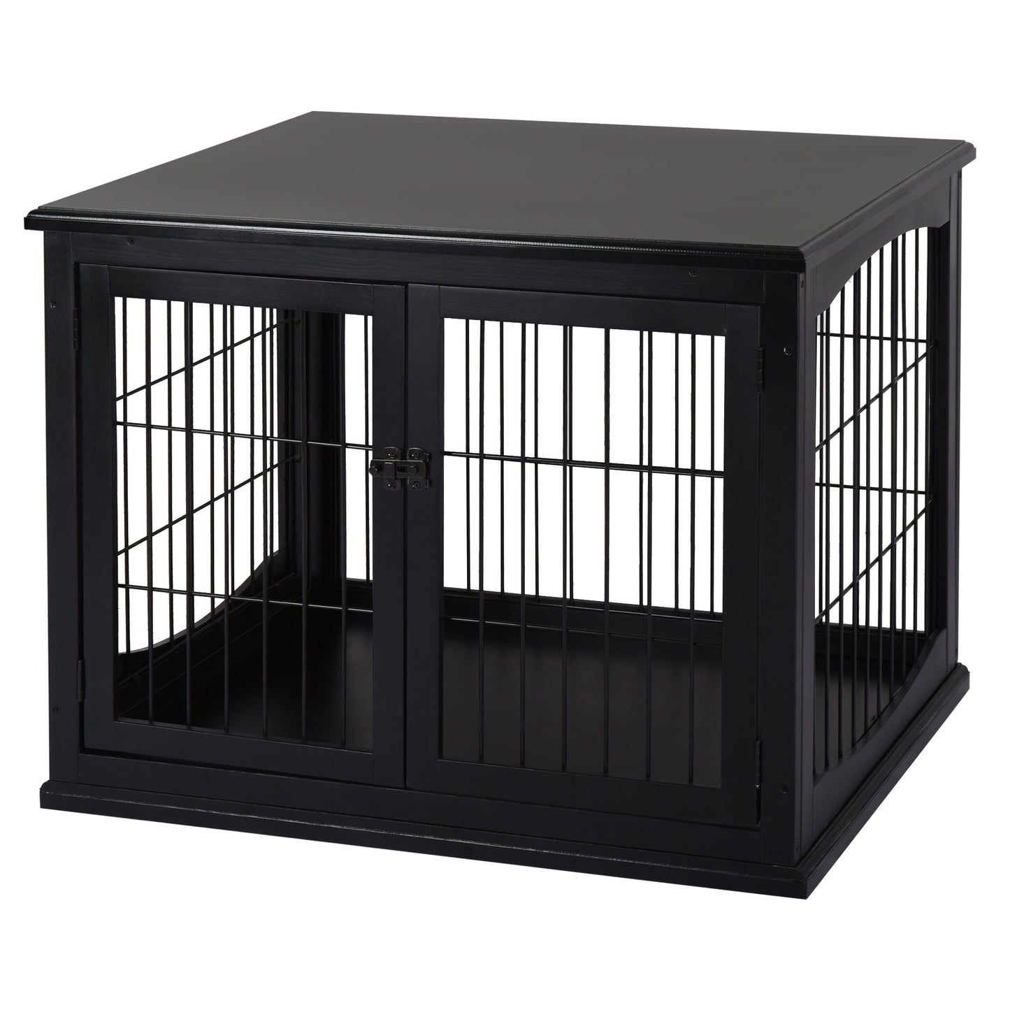 32" Wooden Dog Crate Furniture Dog Cage, Modern Side Table Pet Kennel with Double Lockable Door, 32" L x 23" W x 26" H, Black