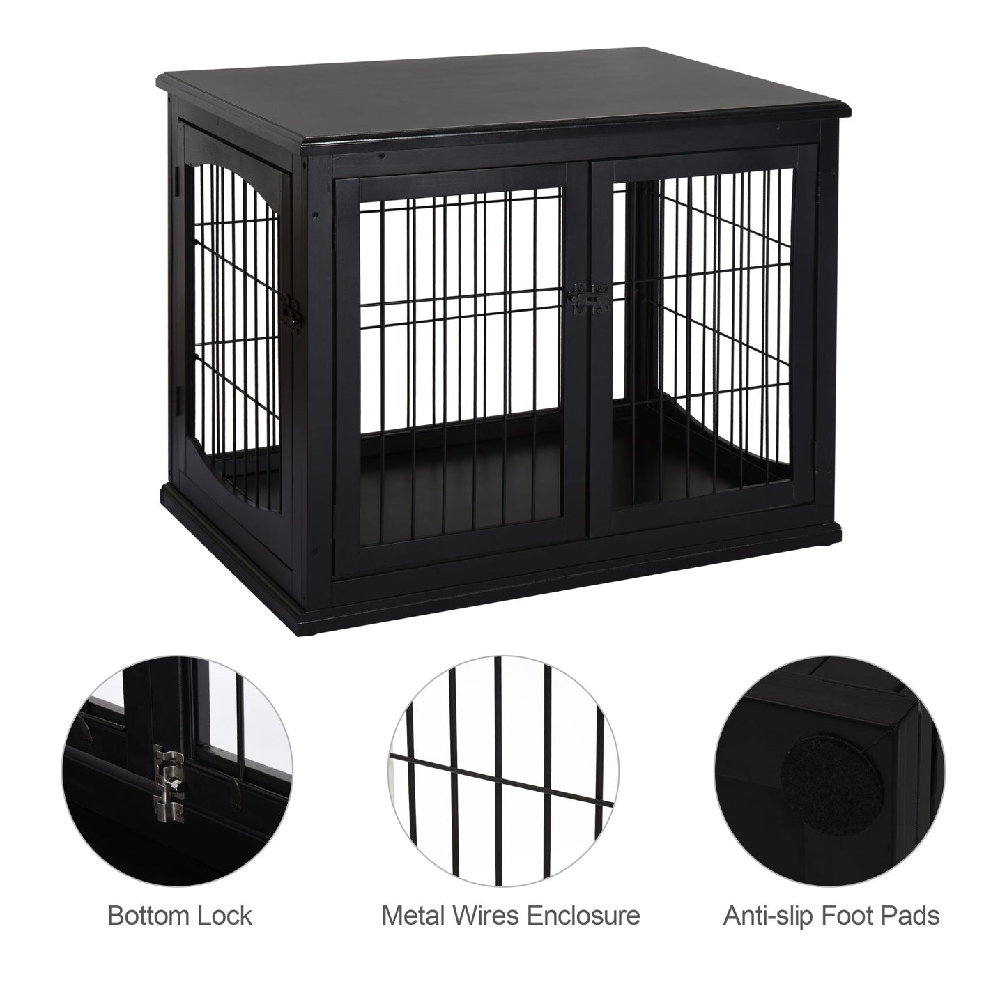 32" Wooden Dog Crate Furniture Dog Cage, Modern Side Table Pet Kennel with Double Lockable Door, 32" L x 23" W x 26" H, Black