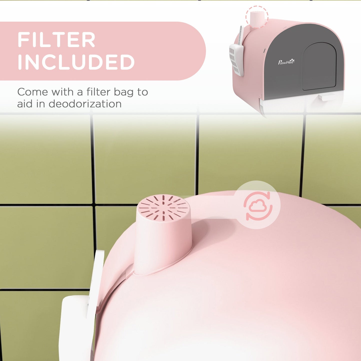 Large Cat Litter Box with Lid, Enclosed Kitty Litter Box with Slide-out Tray, Scoop, Filter, Pink