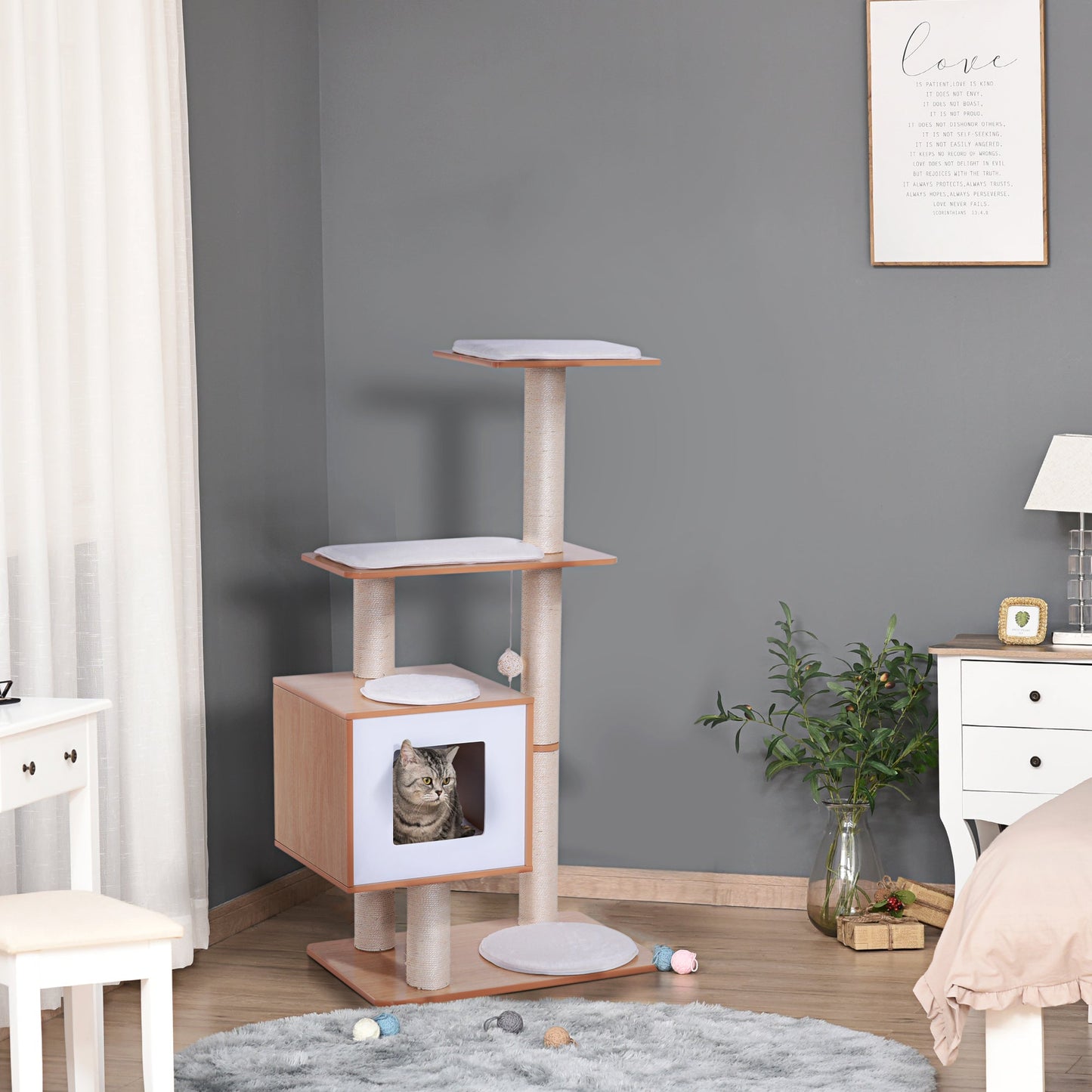 47" Wood Cat Tree, Cat Condo Tower with Scratching Post, Toy Ball, Natural Wood