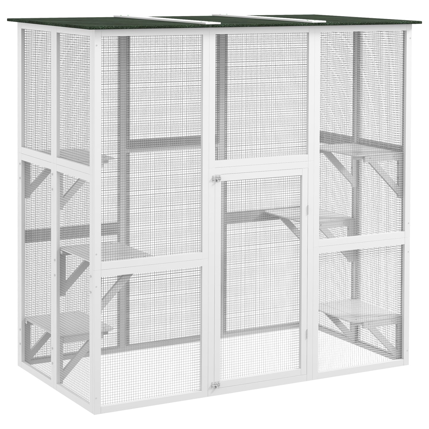Large Outdoor Catio Enclosure, Weatherproof Cat House with Asphalt Roof, Wooden Cat Patio Cage with 6 Balanced Platforms, 71" x 39" x 71", White