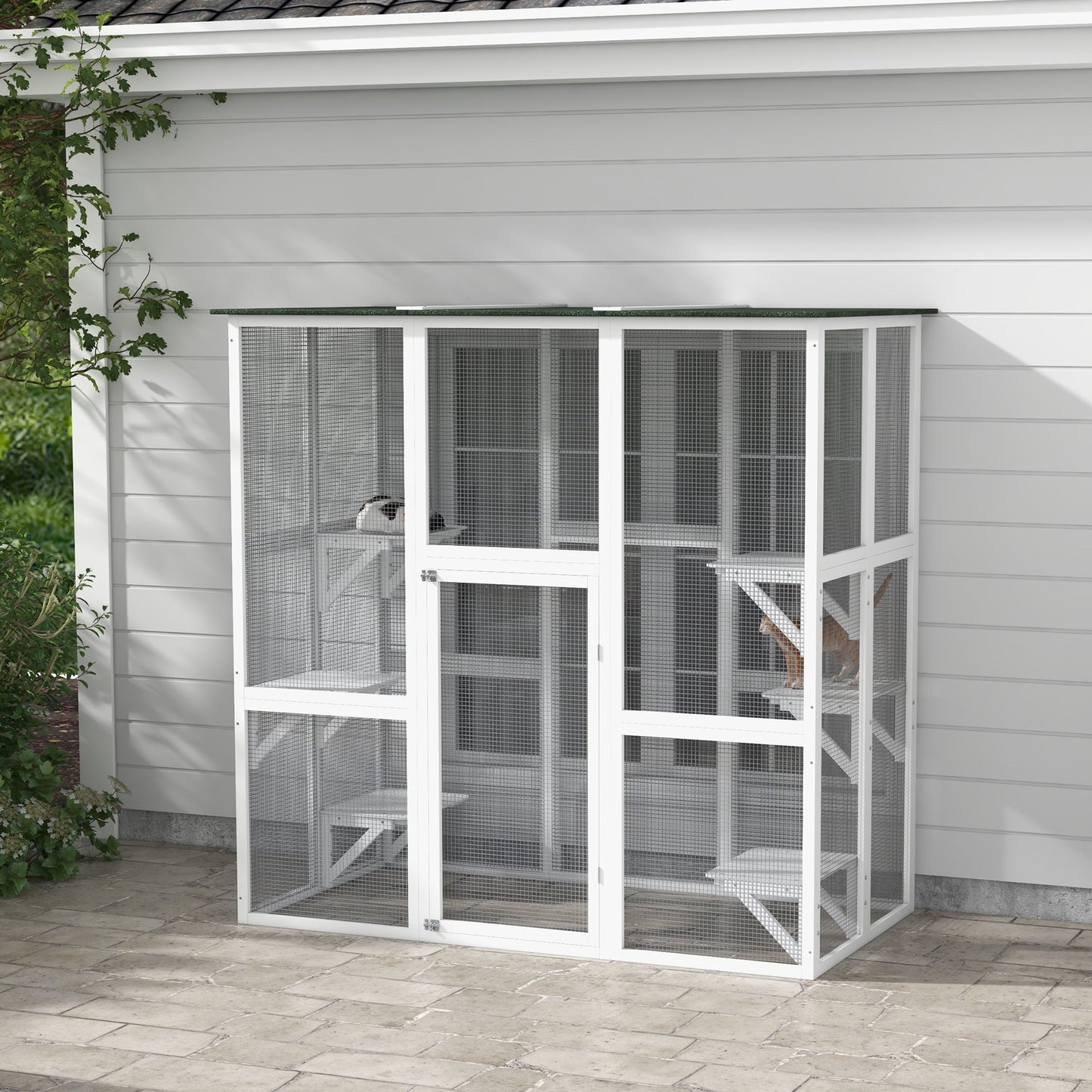 Large Outdoor Catio Enclosure, Weatherproof Cat House with Asphalt Roof, Wooden Cat Patio Cage with 6 Balanced Platforms, 71" x 39" x 71", White