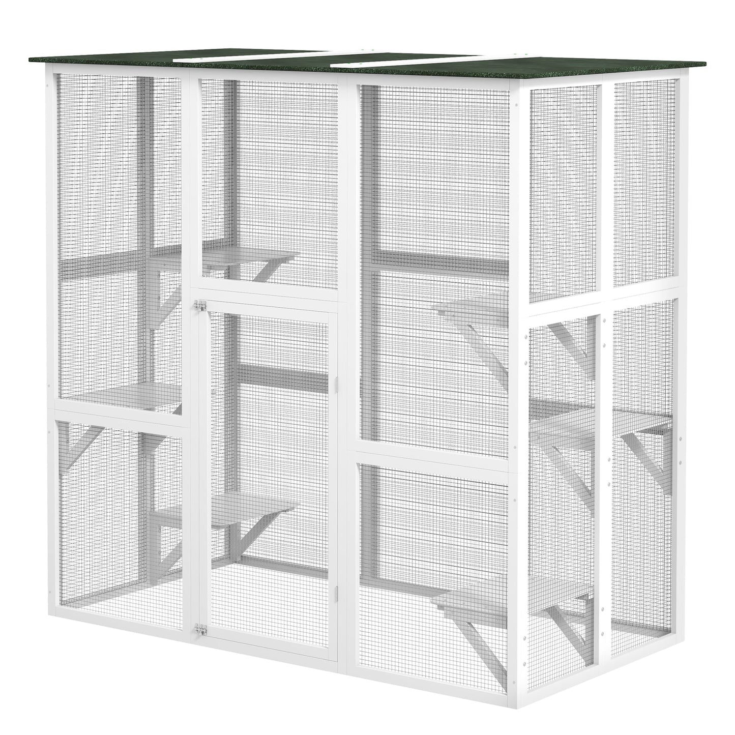 Large Outdoor Catio Enclosure, Weatherproof Cat House with Asphalt Roof, Wooden Cat Patio Cage with 6 Balanced Platforms, 71" x 39" x 71", White