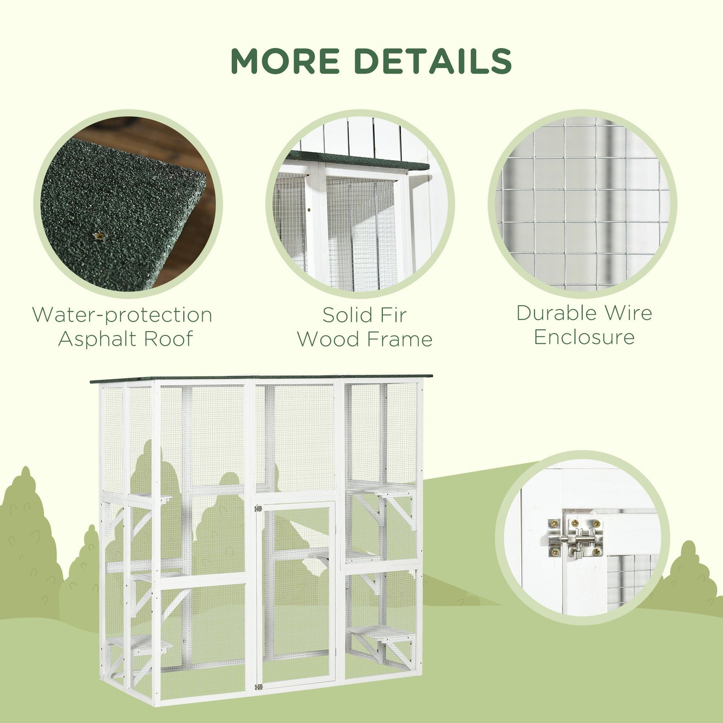 Large Outdoor Catio Enclosure, Weatherproof Cat House with Asphalt Roof, Wooden Cat Patio Cage with 6 Balanced Platforms, 71" x 39" x 71", White