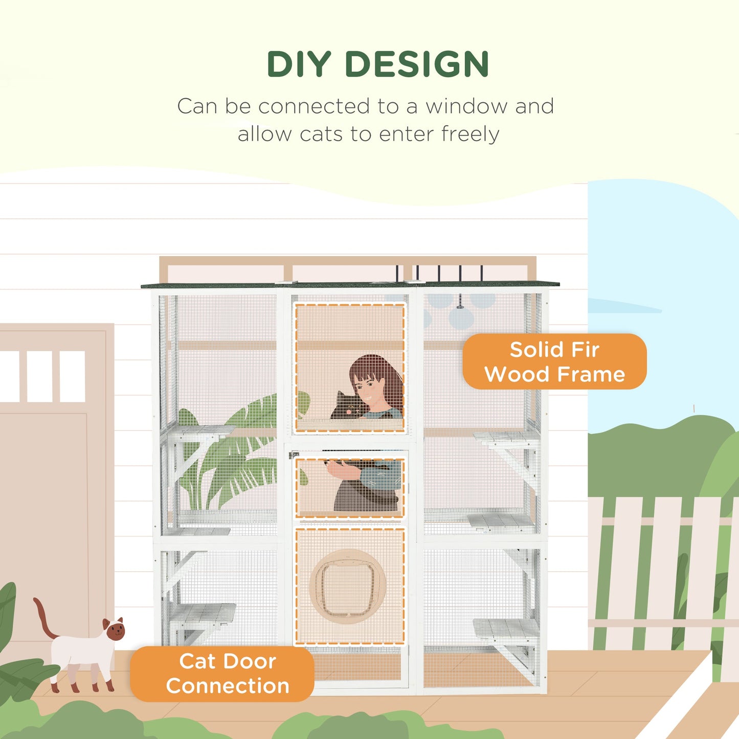 Large Outdoor Catio Enclosure, Weatherproof Cat House with Asphalt Roof, Wooden Cat Patio Cage with 6 Balanced Platforms, 71" x 39" x 71", White