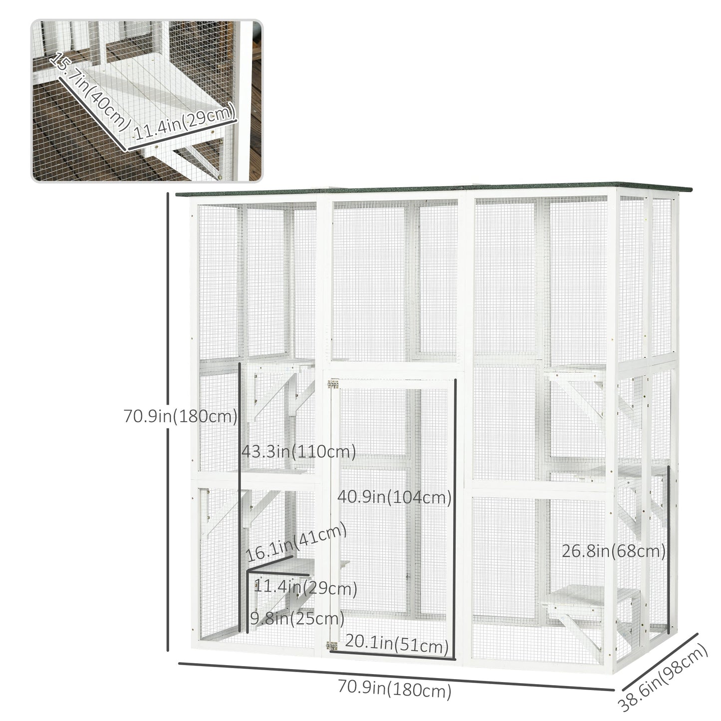 Large Outdoor Catio Enclosure, Weatherproof Cat House with Asphalt Roof, Wooden Cat Patio Cage with 6 Balanced Platforms, 71" x 39" x 71", White