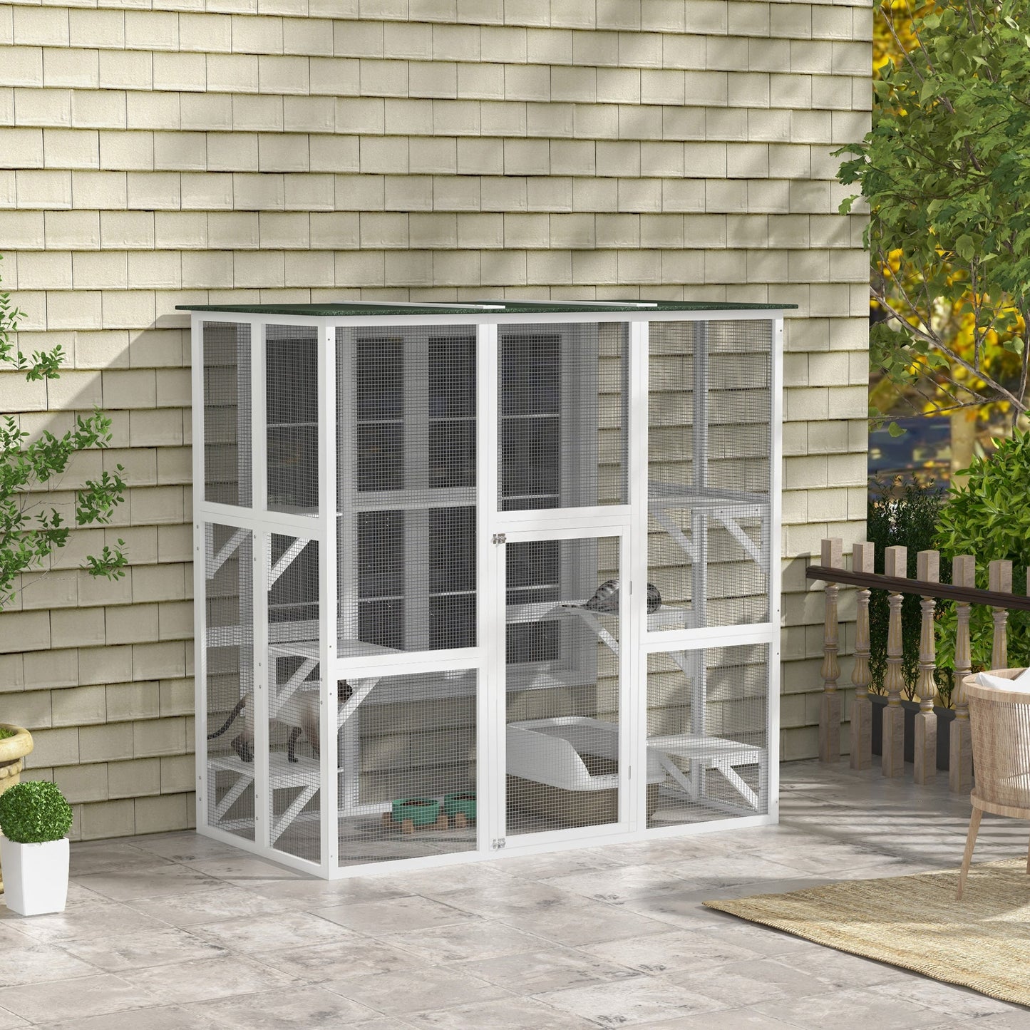Large Outdoor Catio Enclosure, Weatherproof Cat House with Asphalt Roof, Wooden Cat Patio Cage with 6 Balanced Platforms, 71" x 39" x 71", White
