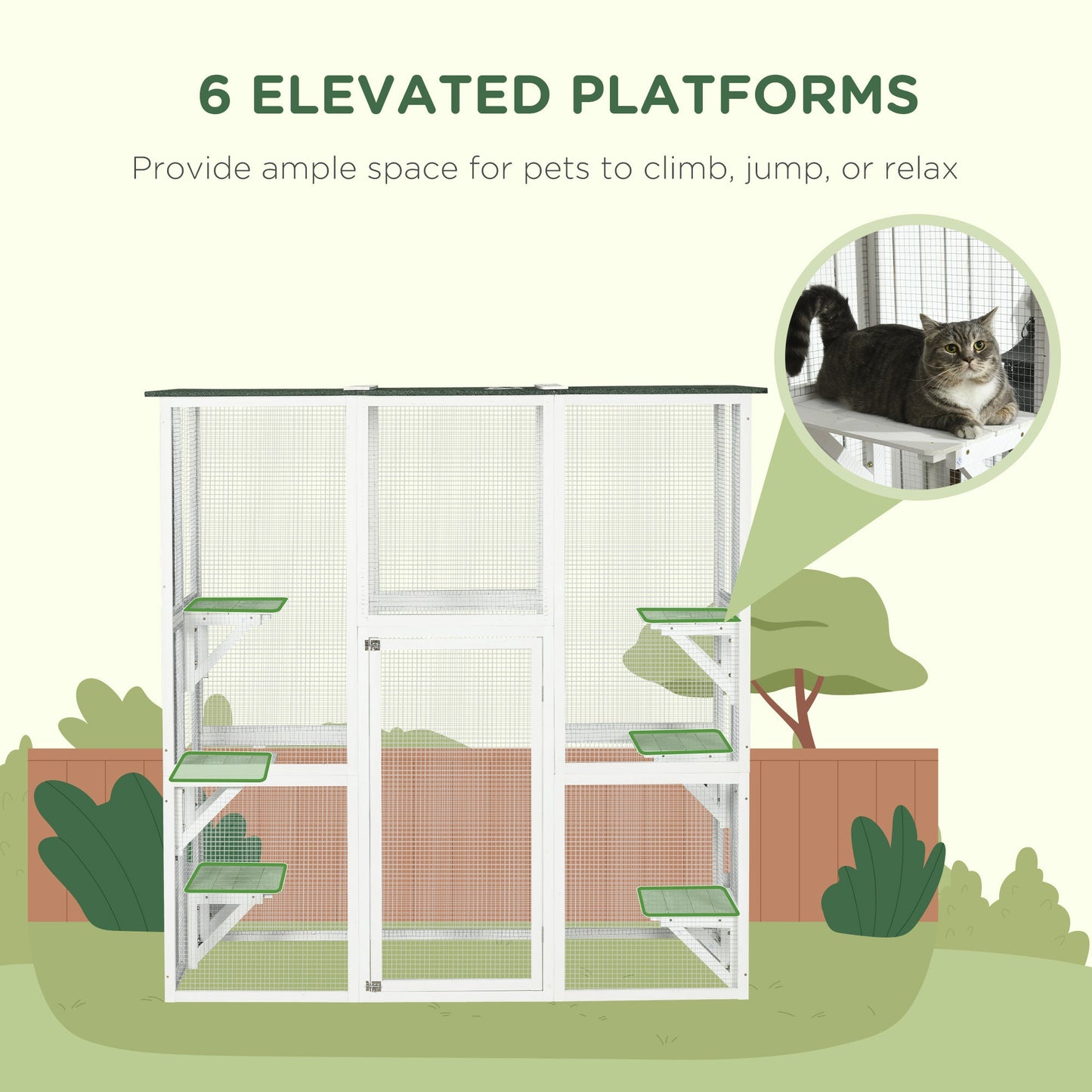 Large Outdoor Catio Enclosure, Weatherproof Cat House with Asphalt Roof, Wooden Cat Patio Cage with 6 Balanced Platforms, 71" x 39" x 71", White