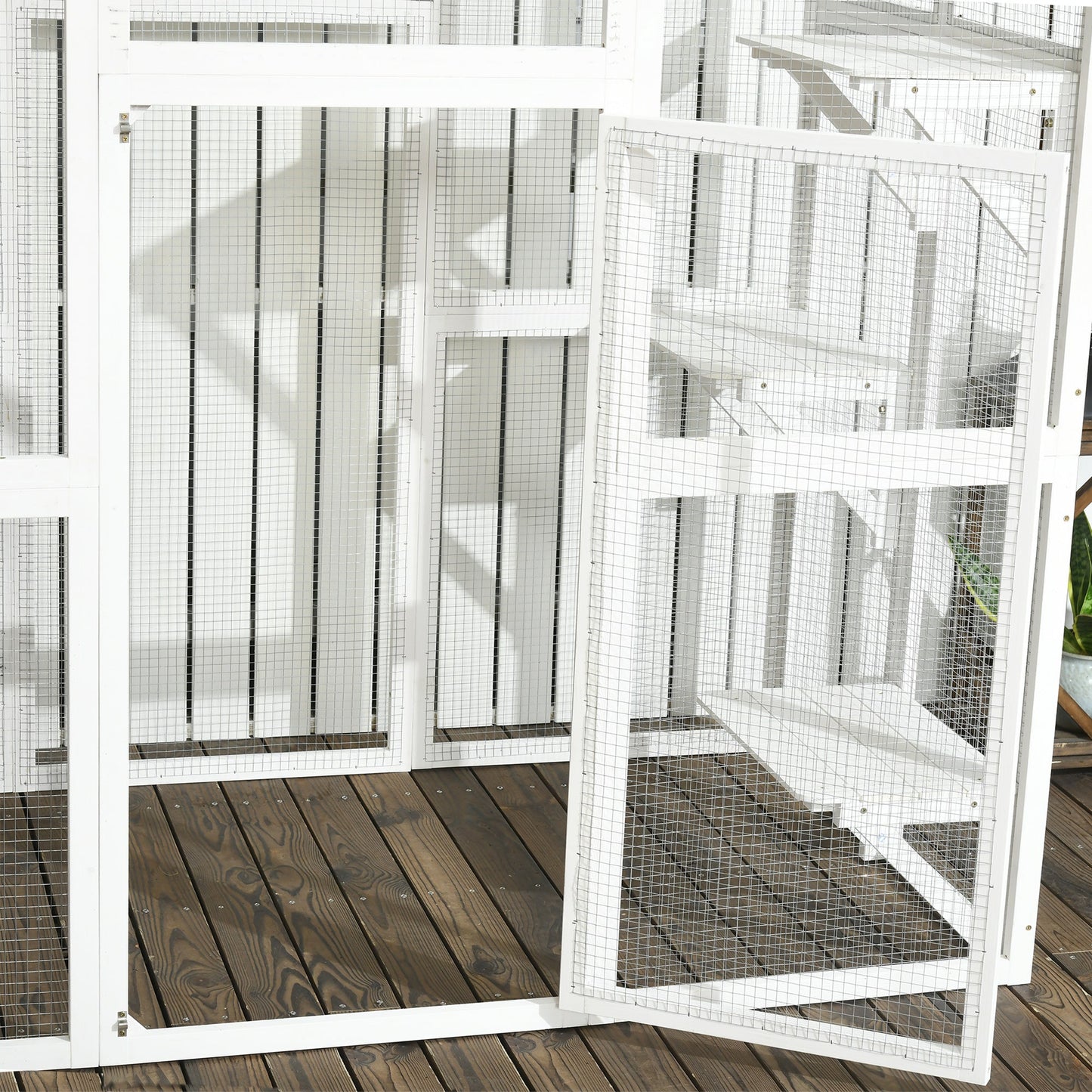 Large Outdoor Catio Enclosure, Weatherproof Cat House with Asphalt Roof, Wooden Cat Patio Cage with 6 Balanced Platforms, 71" x 39" x 71", White