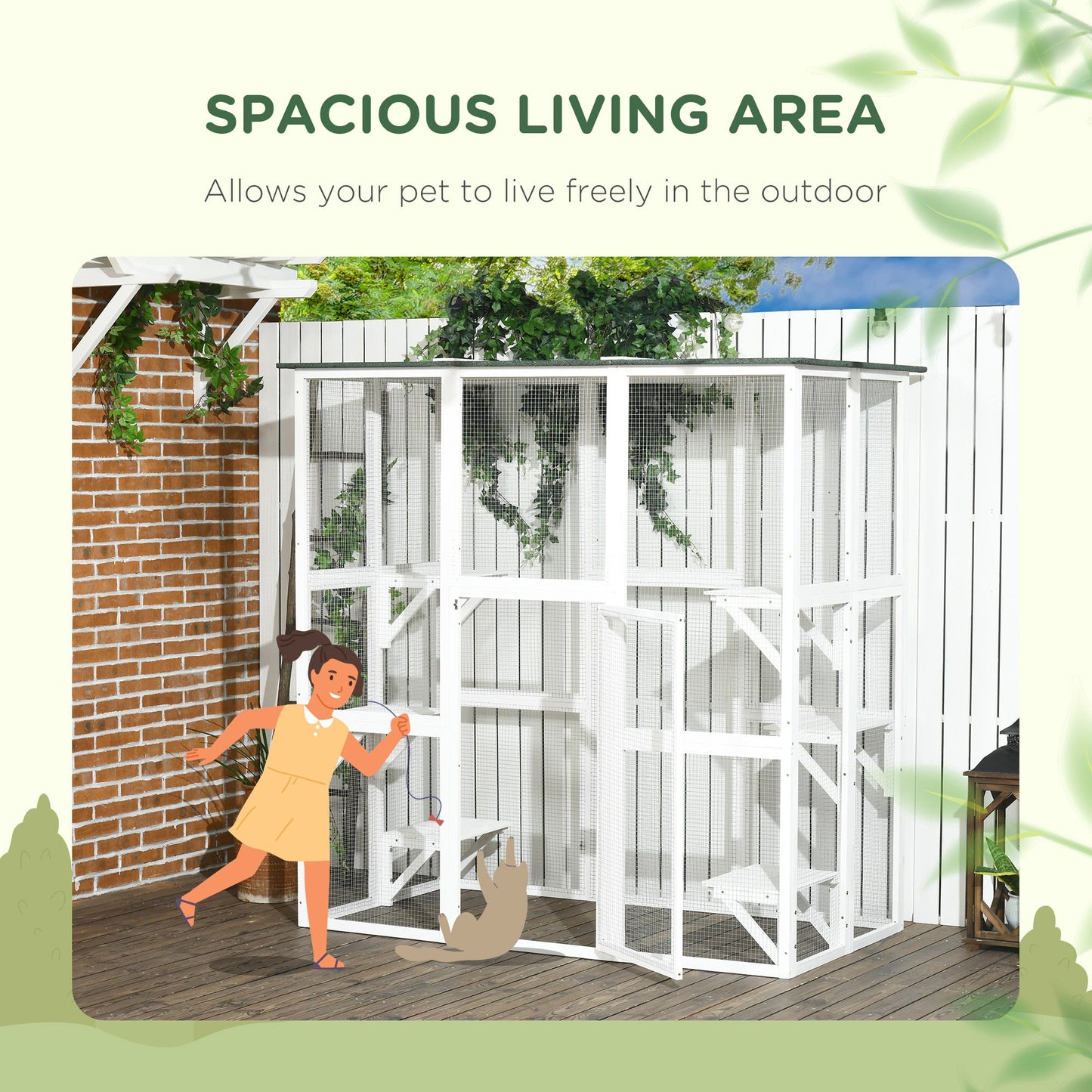 Large Outdoor Catio Enclosure, Weatherproof Cat House with Asphalt Roof, Wooden Cat Patio Cage with 6 Balanced Platforms, 71" x 39" x 71", White