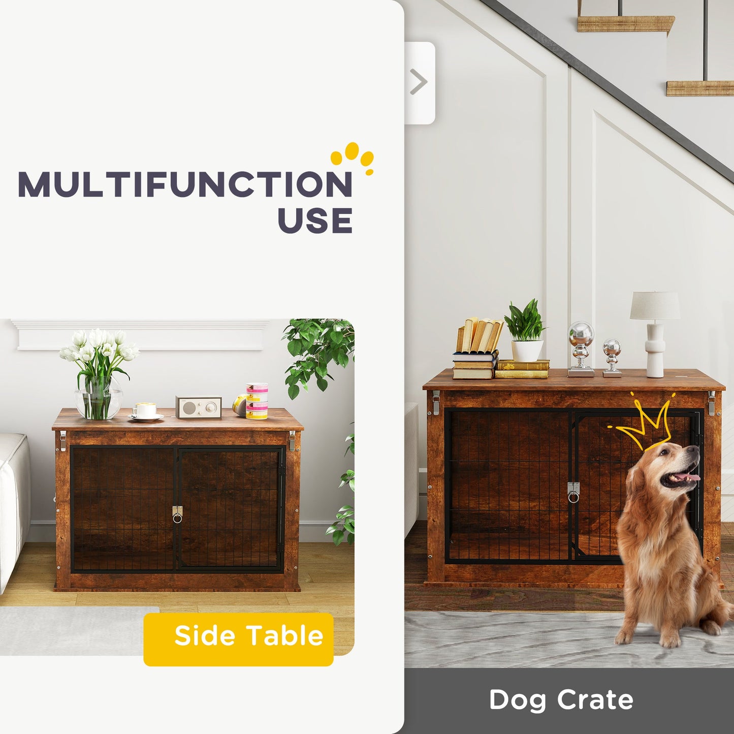 Dog Crate Furniture, 39" Dog Kennel Furniture with Flip-up Top Opening, 2 Doors, Indoor Dog Cage End Table for Large Dogs, Rustic Brown
