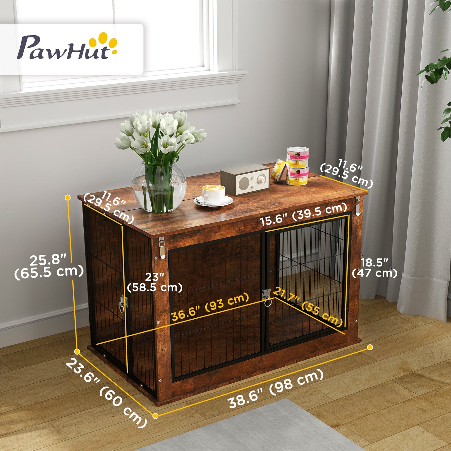 Dog Crate Furniture, 39" Dog Kennel Furniture with Flip-up Top Opening, 2 Doors, Indoor Dog Cage End Table for Large Dogs, Rustic Brown