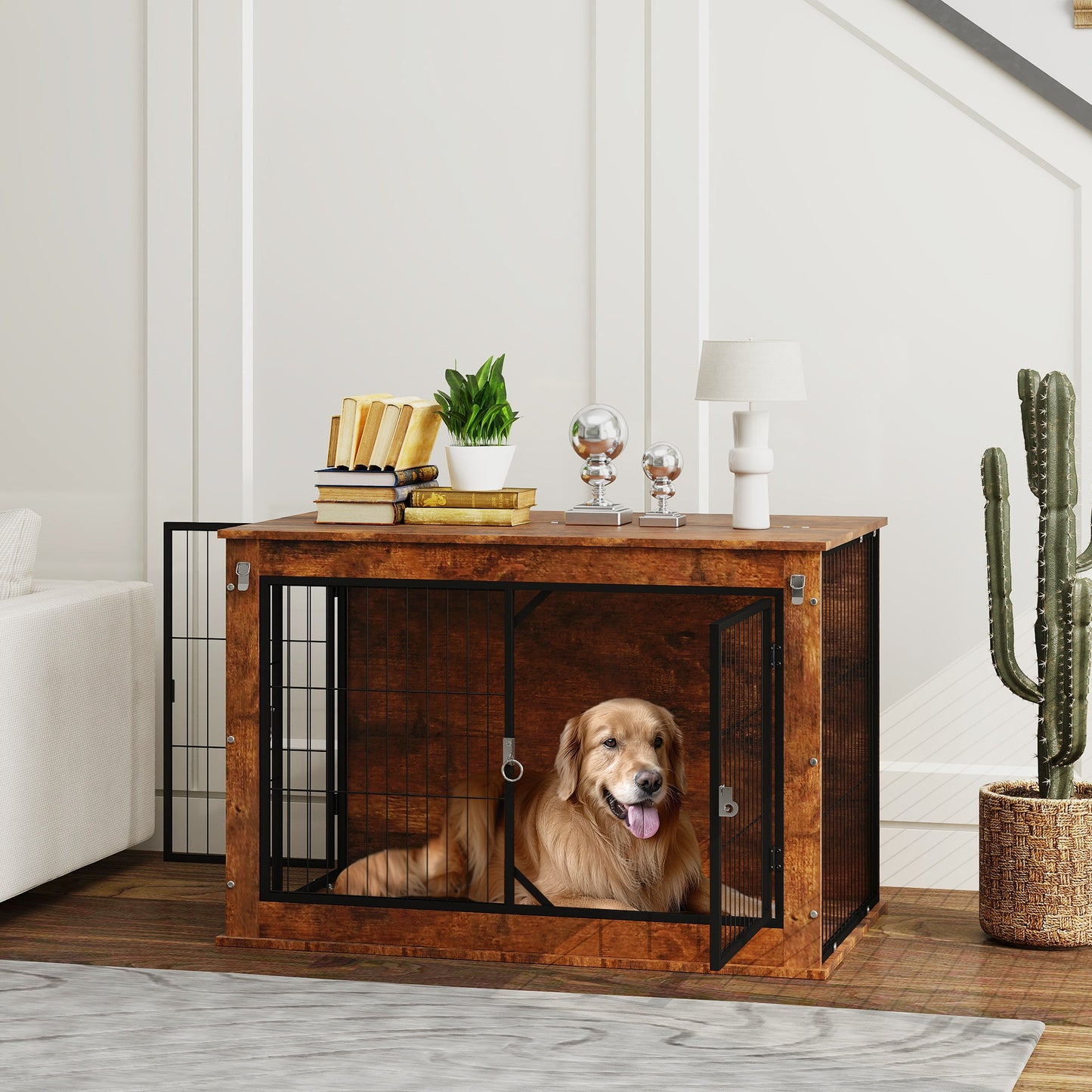 Dog Crate Furniture, 39" Dog Kennel Furniture with Flip-up Top Opening, 2 Doors, Indoor Dog Cage End Table for Large Dogs, Rustic Brown