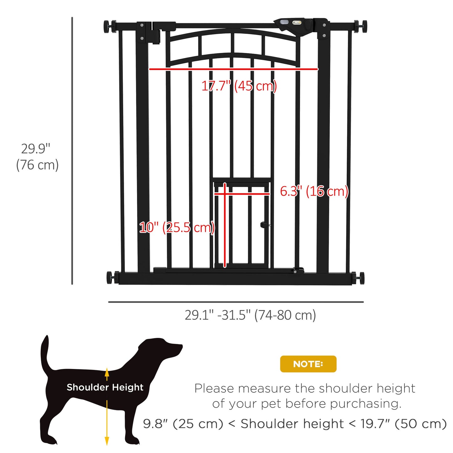 30"H Tall Dog Gate, Pet Gate with Cat Door, Auto-Close Pressure-Mounted Steel Safety Gate Barrier, Double Locking for Doorways Hallways Stairs, Fits 29"-31.5"W, Black
