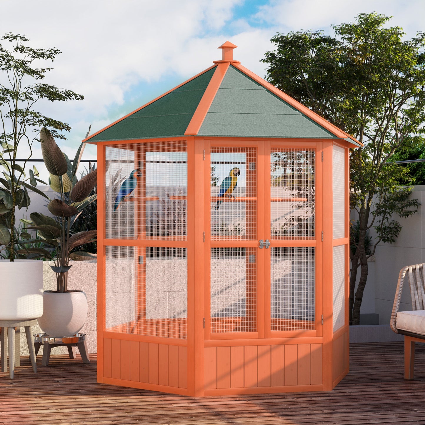 Bird Cage, 70"H Wooden Parrot Cage, Large Hexagonal Outdoor Aviary with Asphalt Roof, Doors, Brown