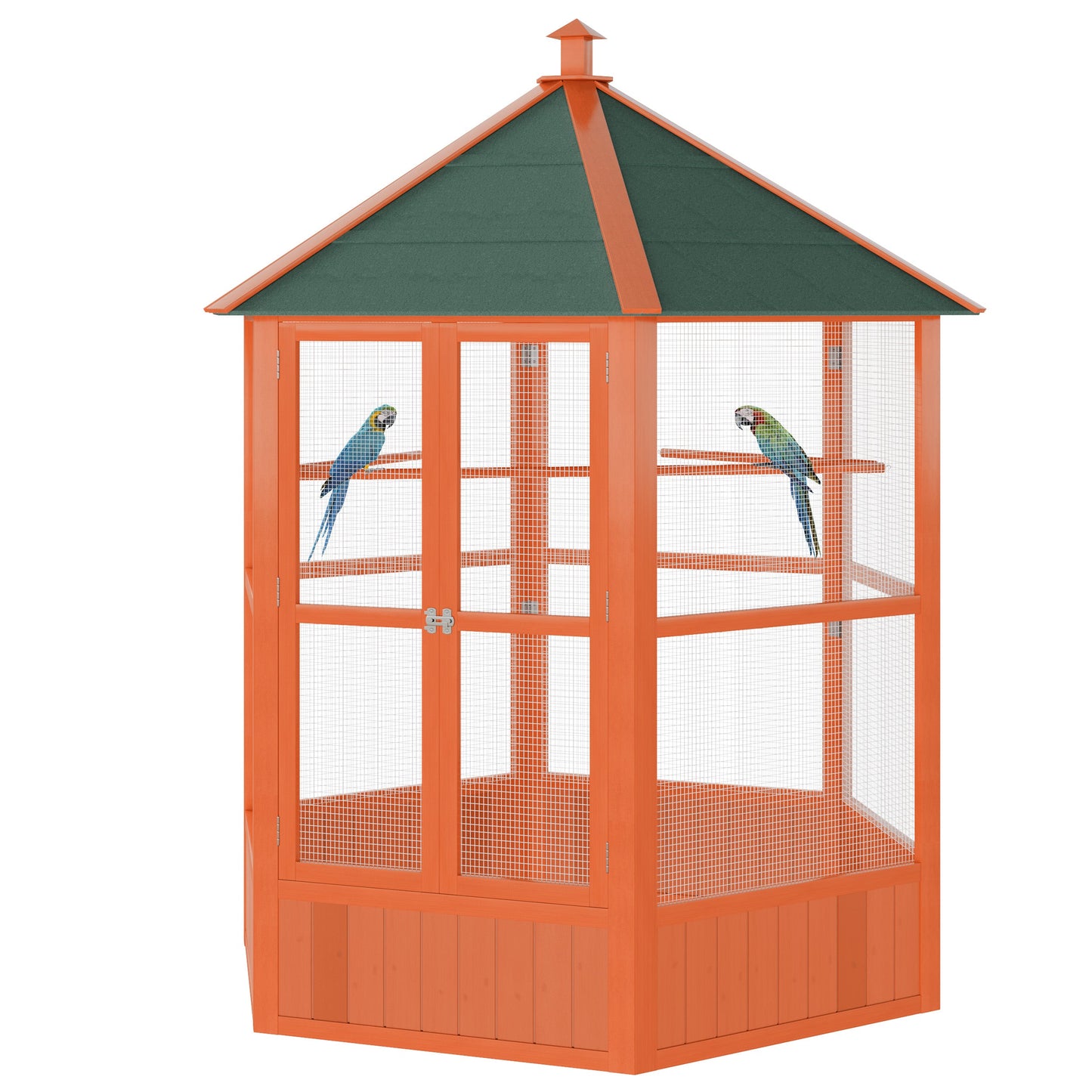 Bird Cage, 70"H Wooden Parrot Cage, Large Hexagonal Outdoor Aviary with Asphalt Roof, Doors, Brown