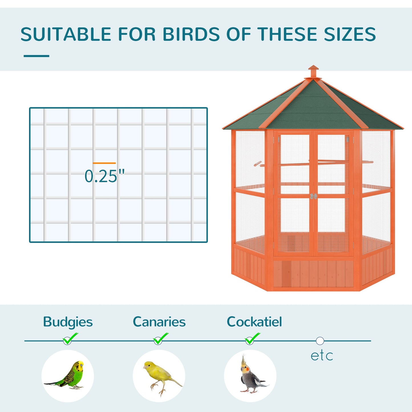 Bird Cage, 70"H Wooden Parrot Cage, Large Hexagonal Outdoor Aviary with Asphalt Roof, Doors, Brown