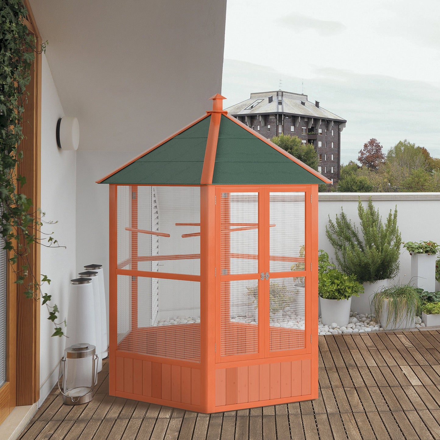 Bird Cage, 70"H Wooden Parrot Cage, Large Hexagonal Outdoor Aviary with Asphalt Roof, Doors, Brown