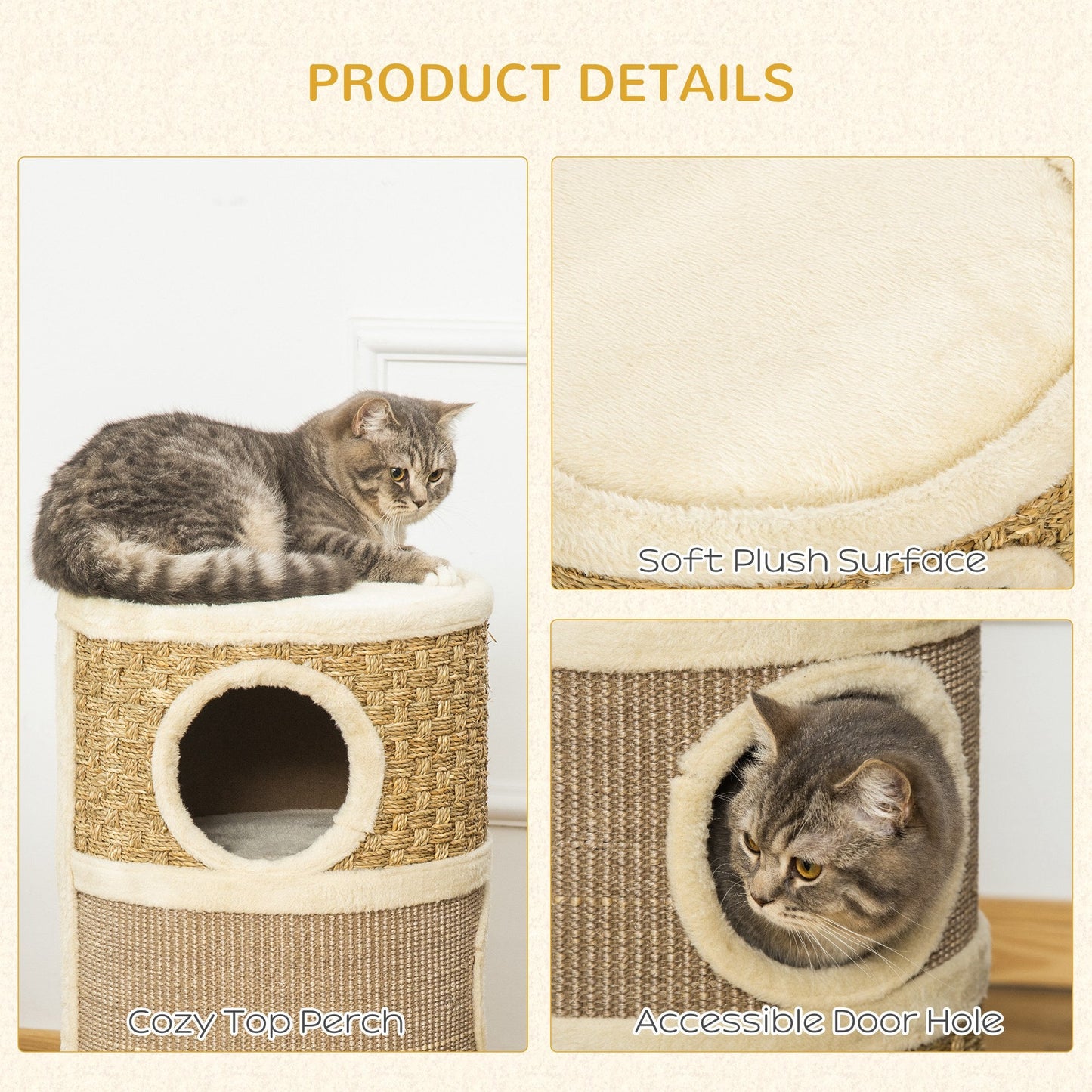 Cat Condo 3 Story Three Holes with Sisal Seaweed Scratching Cover Surface, Cat Tower for Indoor Cats, 15" x 28", Khaki and Brown