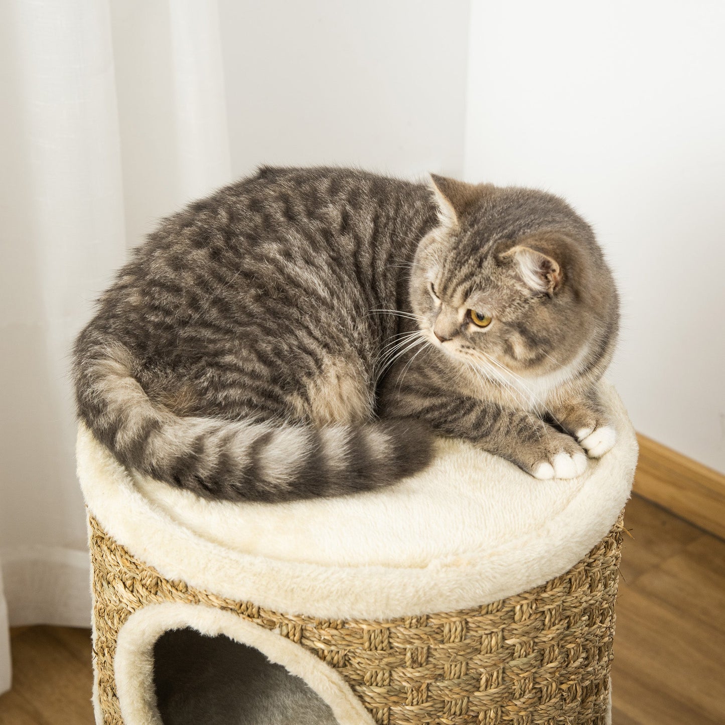 Cat Condo 3 Story Three Holes with Sisal Seaweed Scratching Cover Surface, Cat Tower for Indoor Cats, 15" x 28", Khaki and Brown