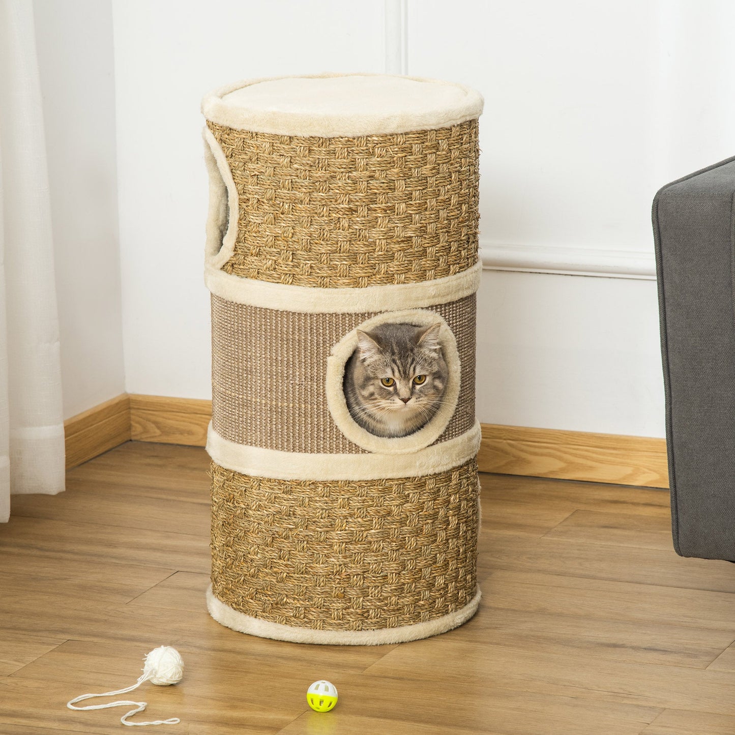 Cat Condo 3 Story Three Holes with Sisal Seaweed Scratching Cover Surface, Cat Tower for Indoor Cats, 15" x 28", Khaki and Brown