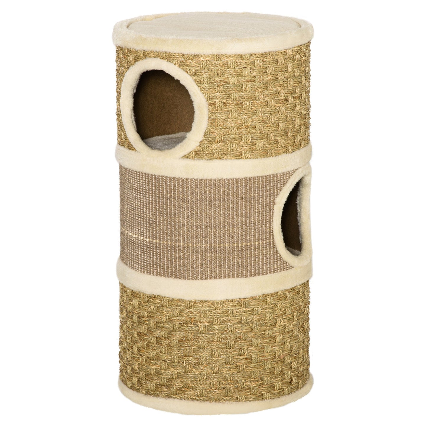 Cat Condo 3 Story Three Holes with Sisal Seaweed Scratching Cover Surface, Cat Tower for Indoor Cats, 15" x 28", Khaki and Brown