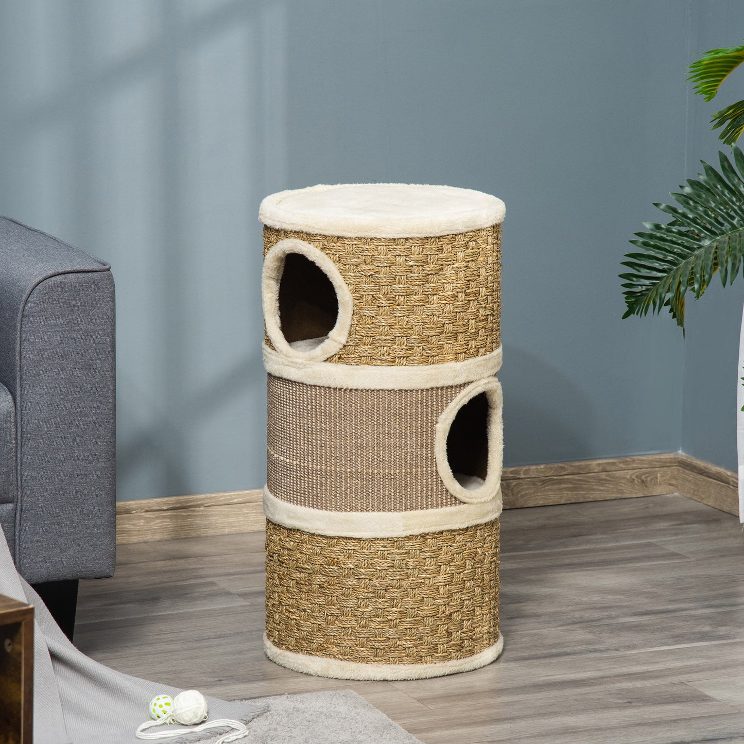 Cat Condo 3 Story Three Holes with Sisal Seaweed Scratching Cover Surface, Cat Tower for Indoor Cats, 15" x 28", Khaki and Brown