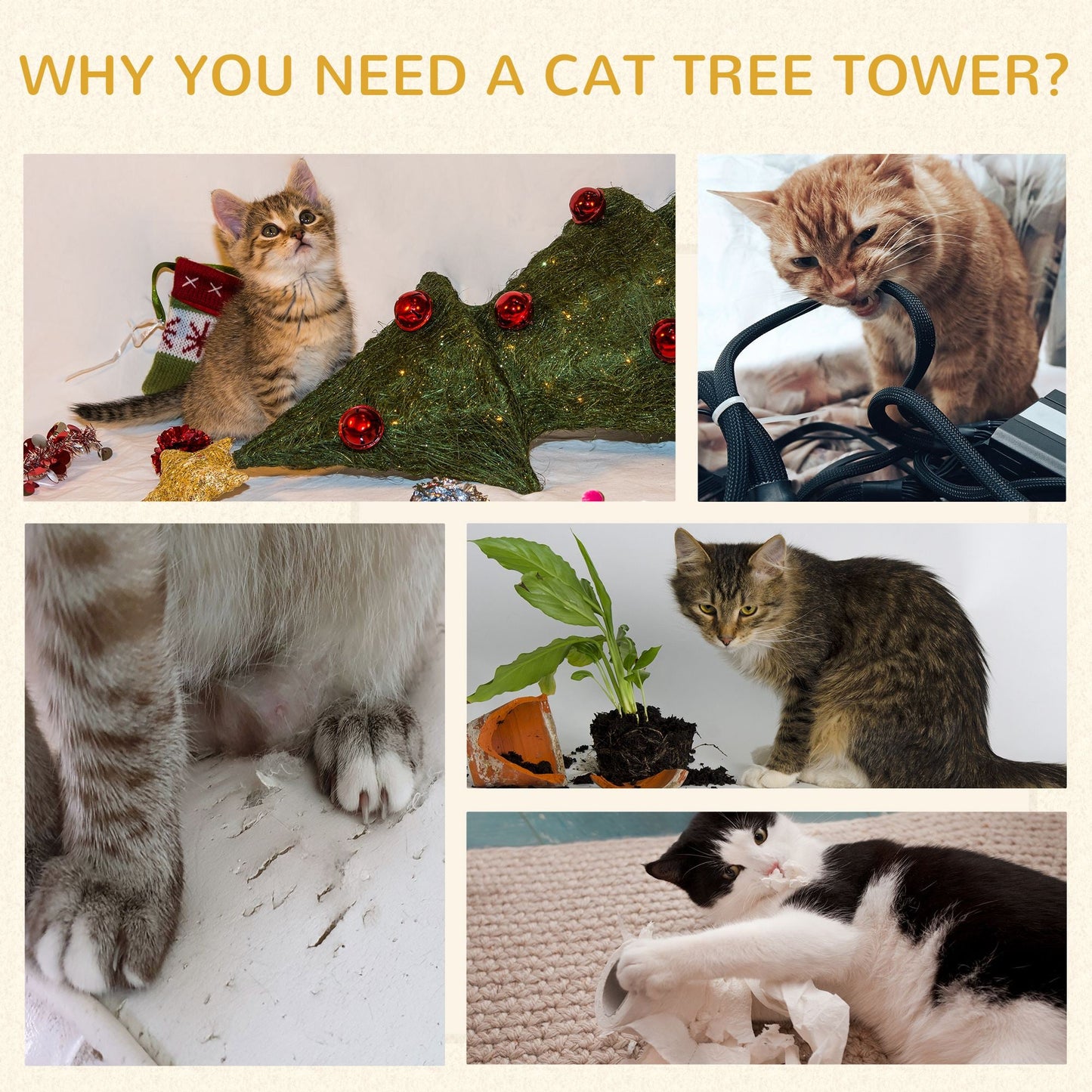 Cat Condo 3 Story Three Holes with Sisal Seaweed Scratching Cover Surface, Cat Tower for Indoor Cats, 15" x 28", Khaki and Brown